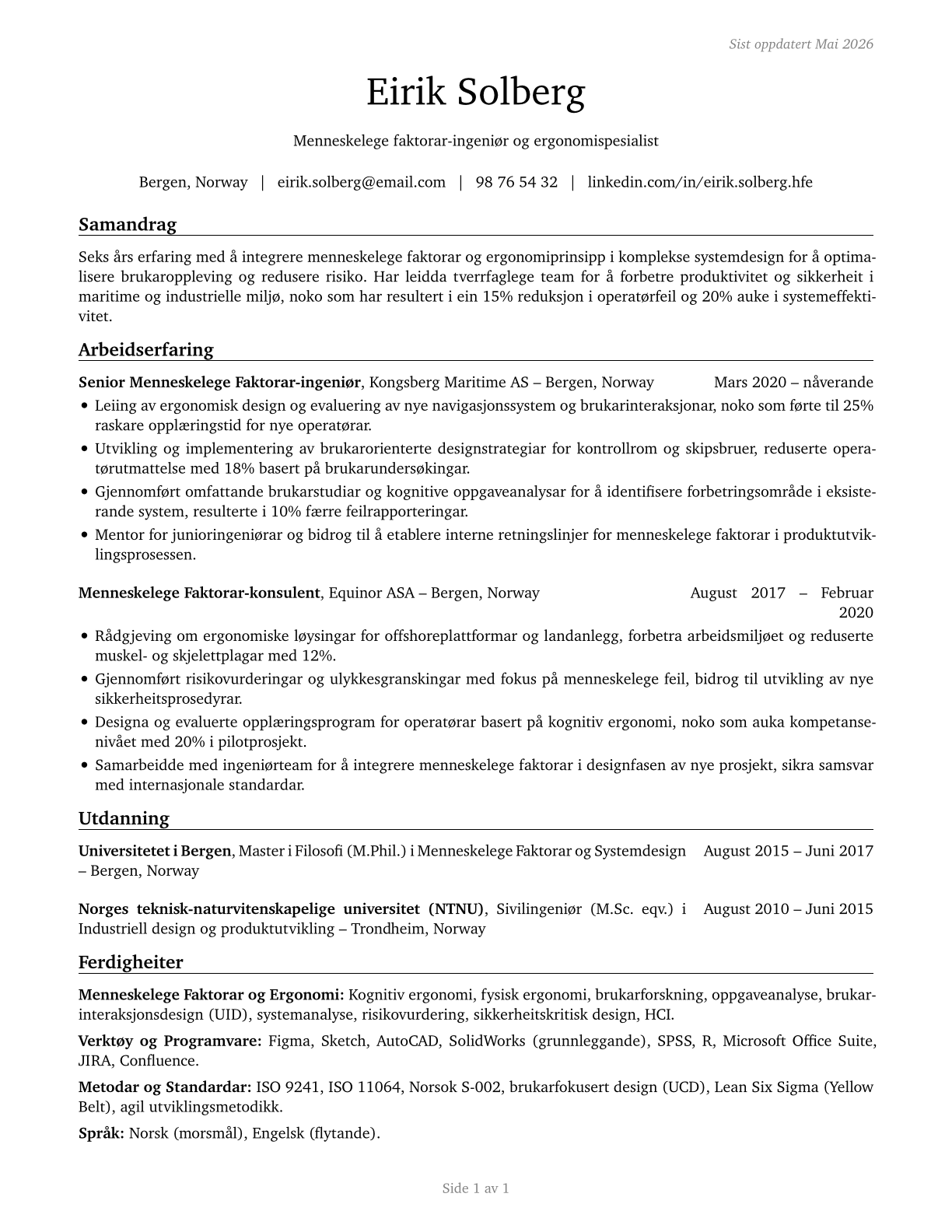Human Factors Engineers and Ergonomists CV in Norwegian_nynorsk — page 1