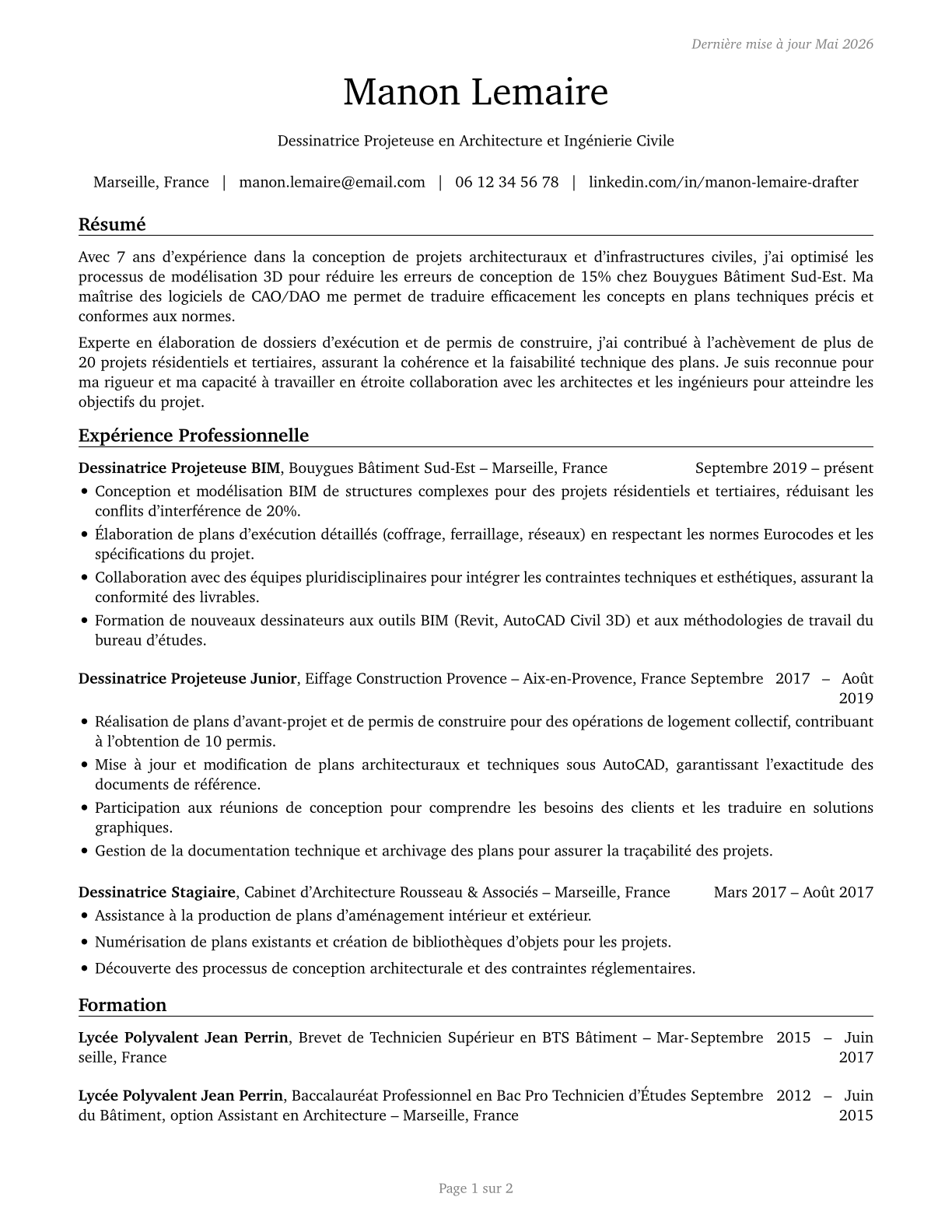 Architectural and Civil Drafters CV in French — page 1
