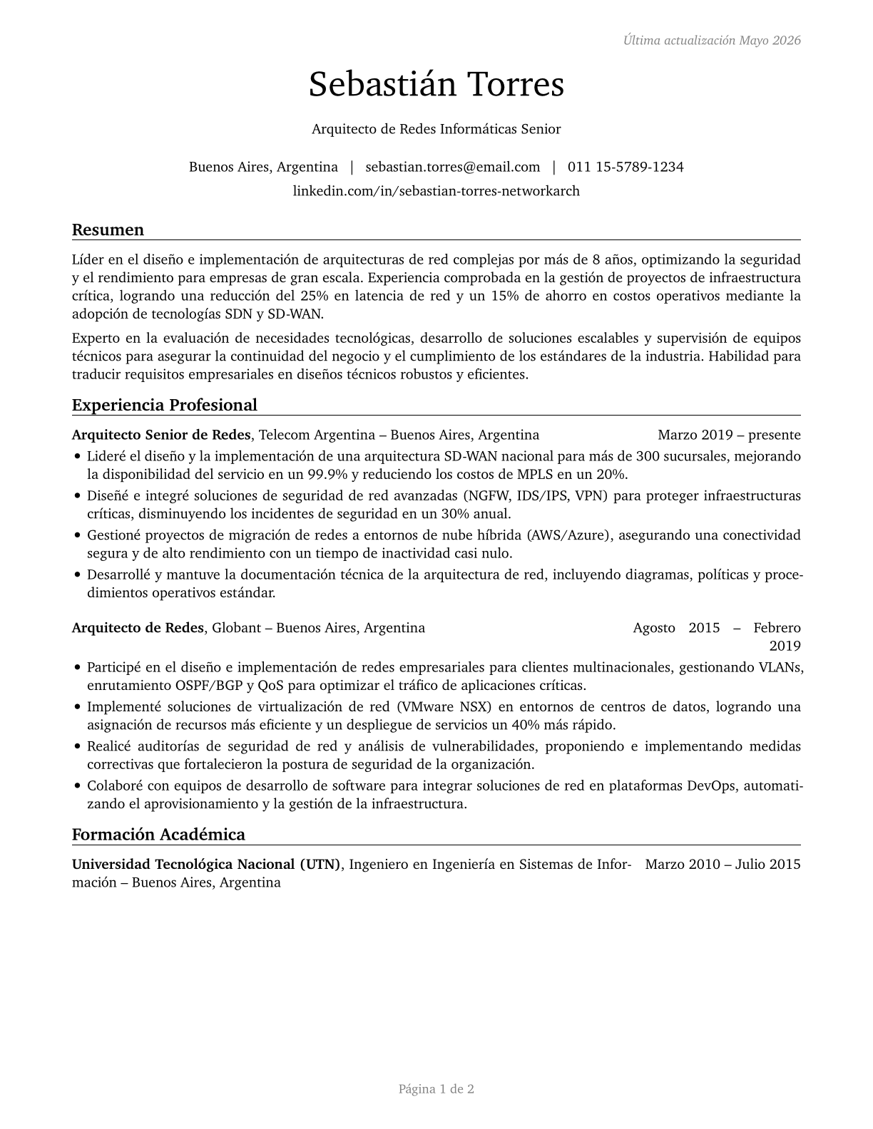Computer Network Architects CV in Spanish — page 1