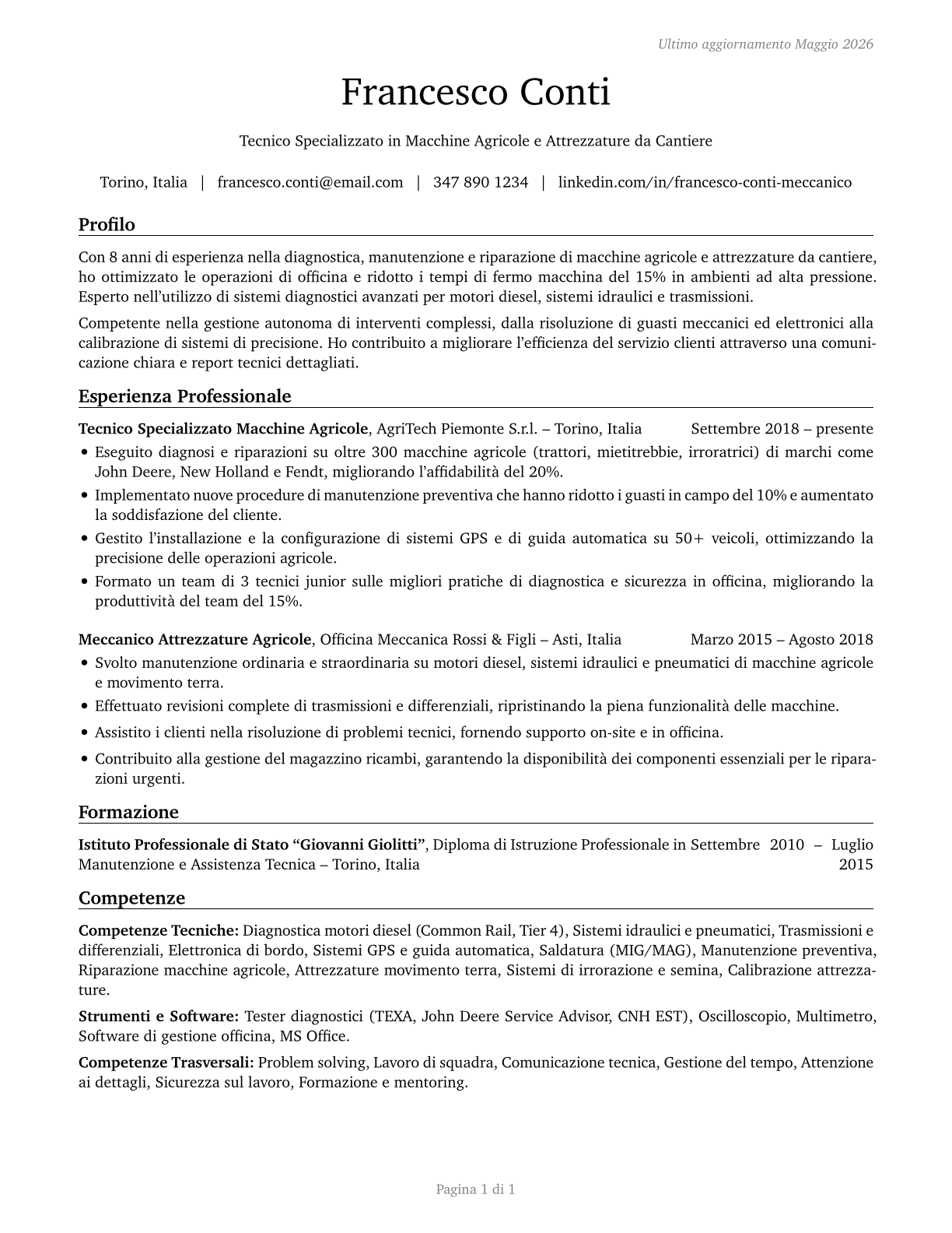 Farm Equipment Mechanics and Service Technicians CV in Italian — page 1