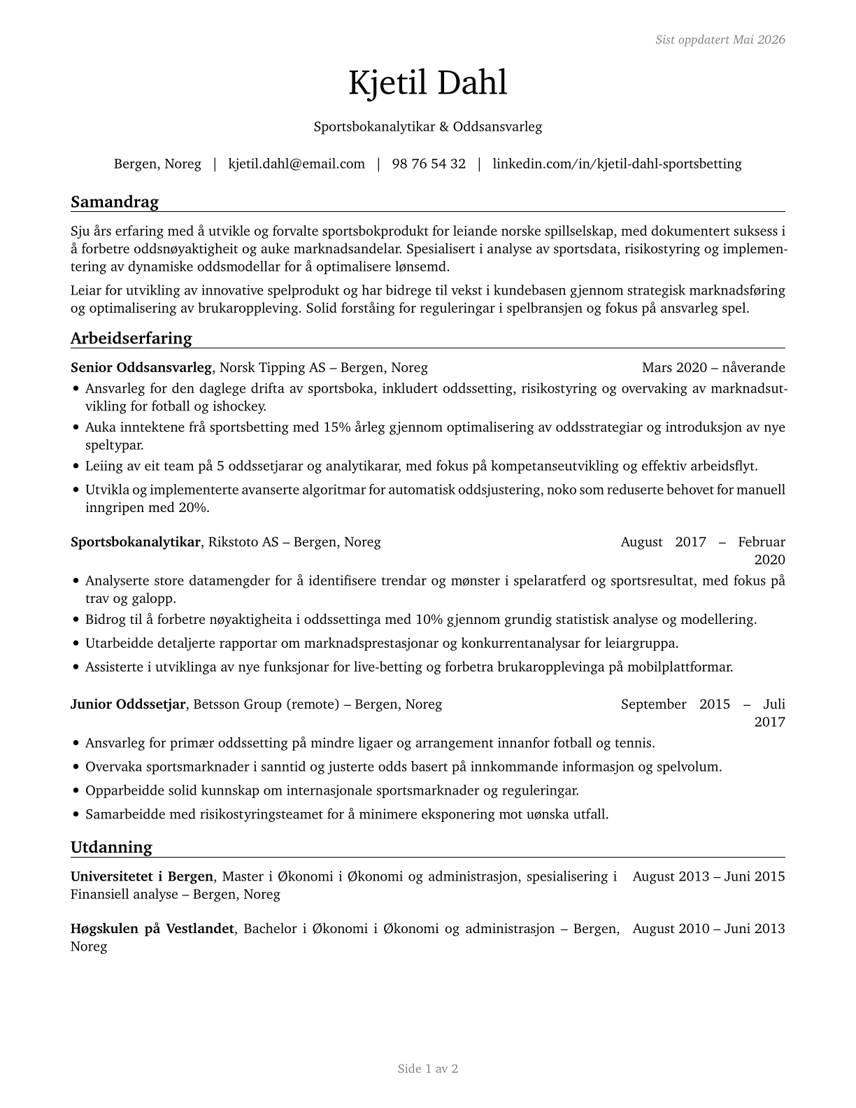 Gambling and Sports Book Writers and Runners CV in Norwegian_nynorsk — page 1