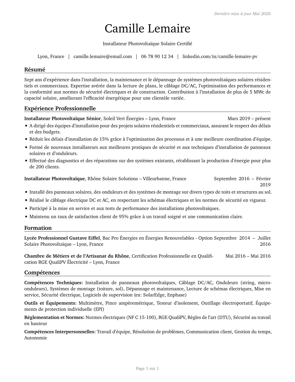 Solar Photovoltaic Installers CV in French — page 1