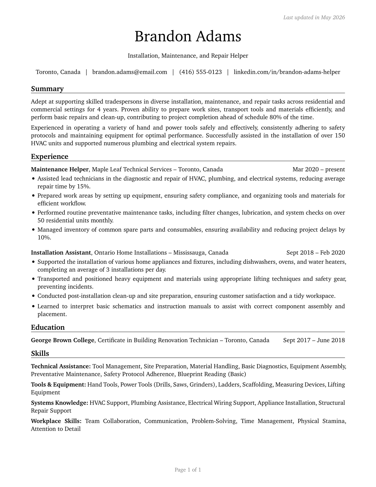 Helpers--Installation, Maintenance, and Repair Workers CV in English — page 1