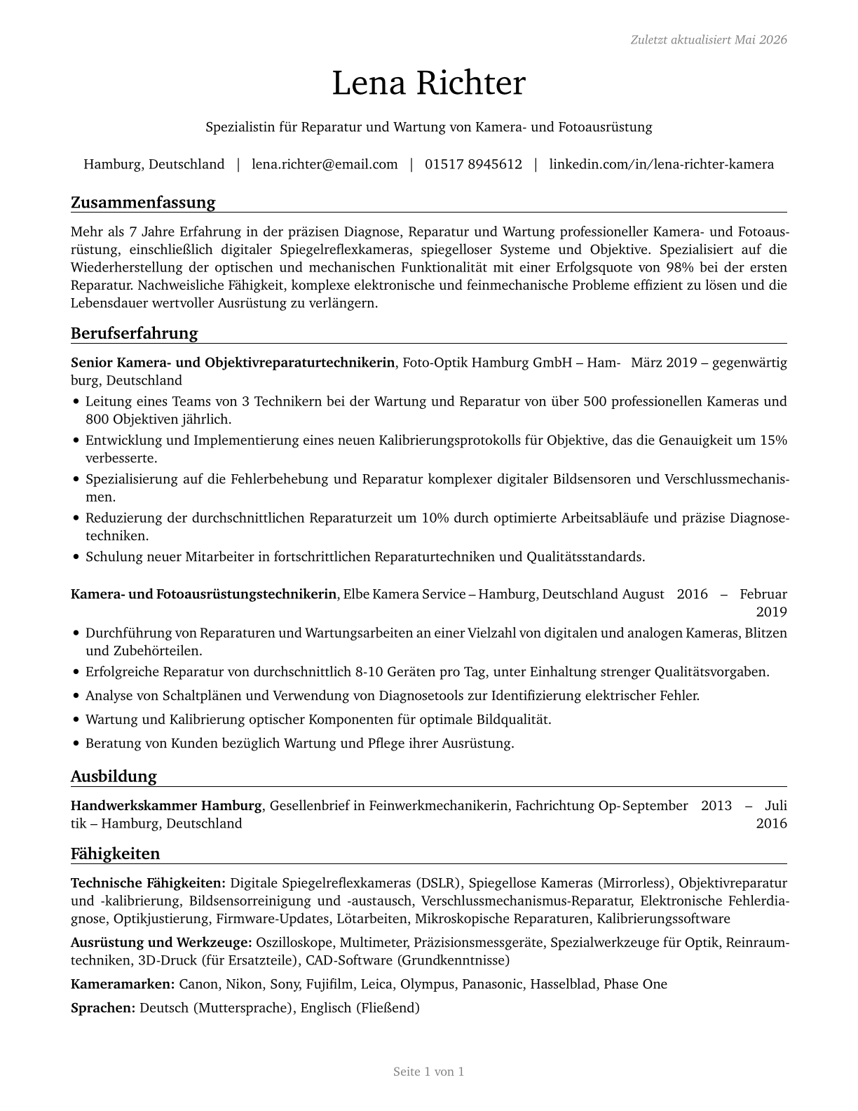 Camera and Photographic Equipment Repairers CV in German — page 1