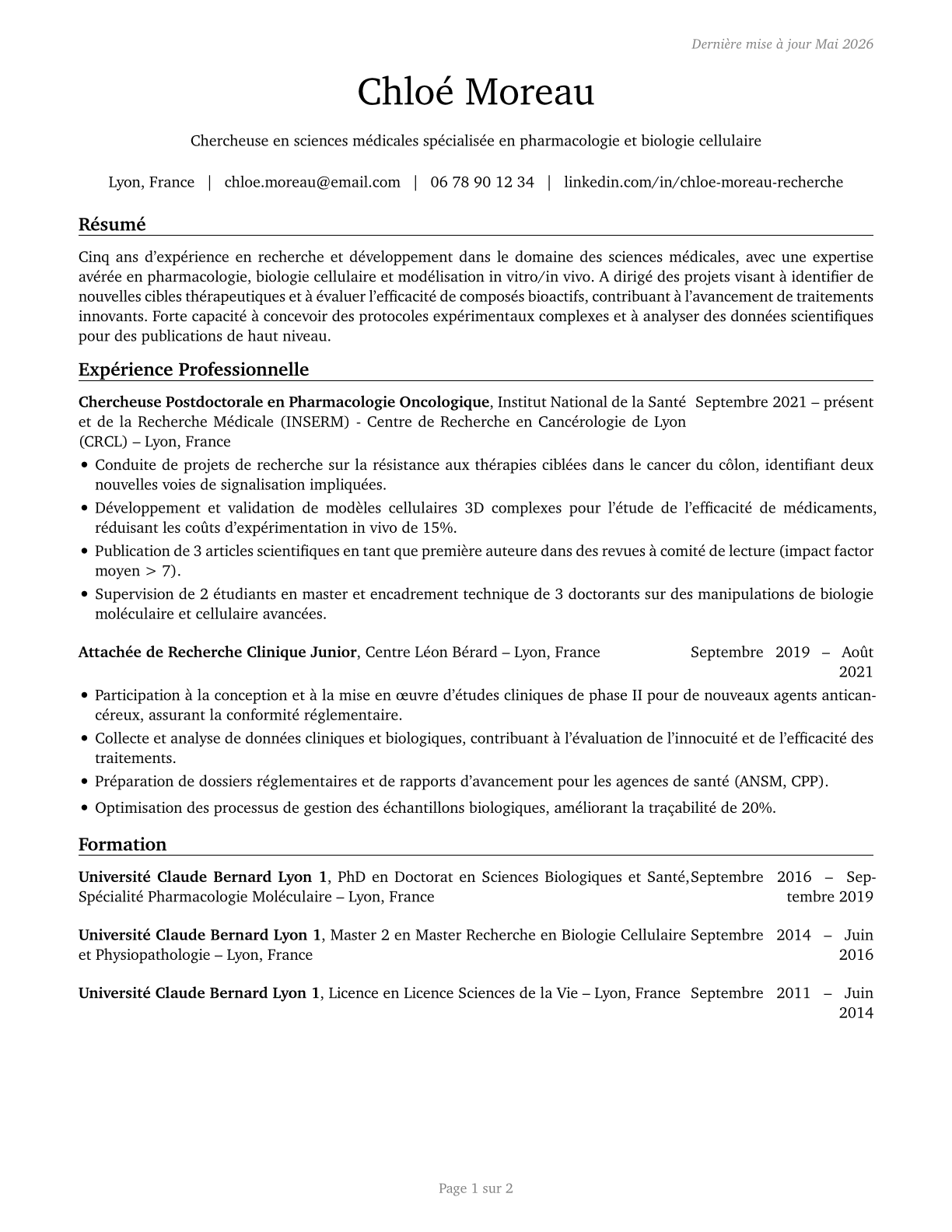 Medical Scientists, Except Epidemiologists CV in French — page 1