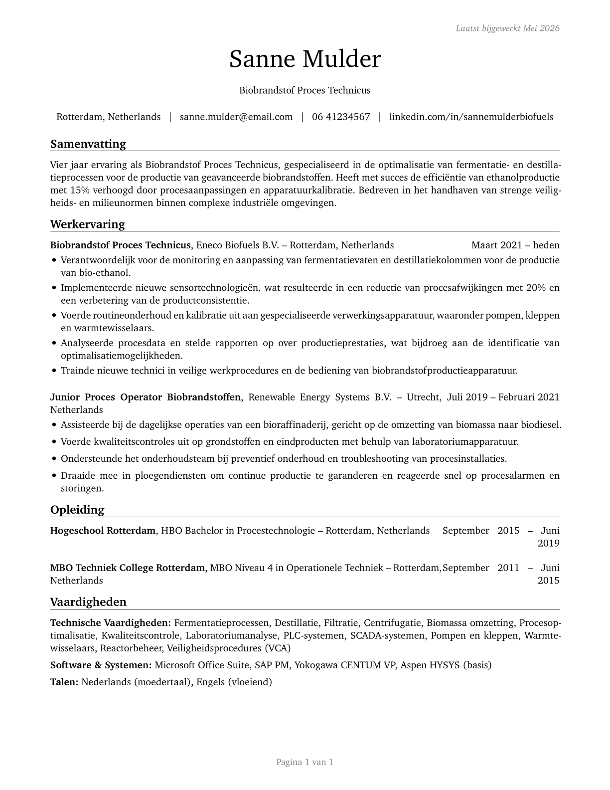 Biofuels Processing Technicians CV in Dutch — page 1