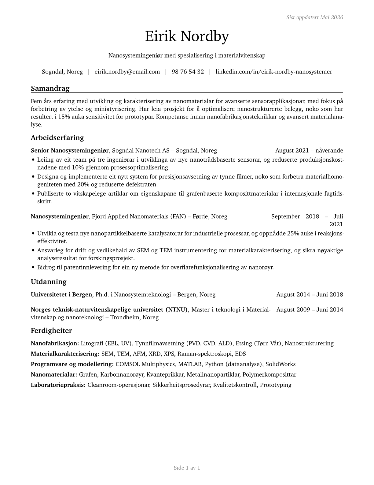 Nanosystems Engineers CV in Norwegian_nynorsk — page 1