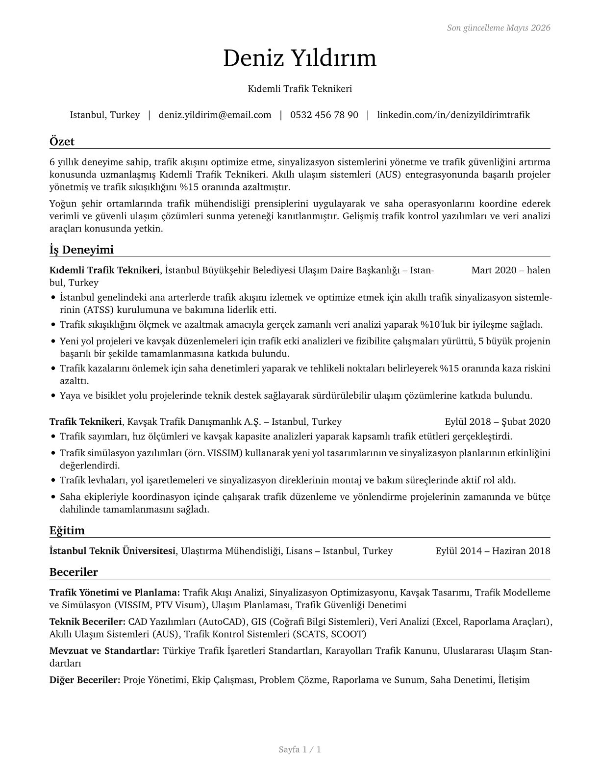 Traffic Technicians CV in Turkish — page 1