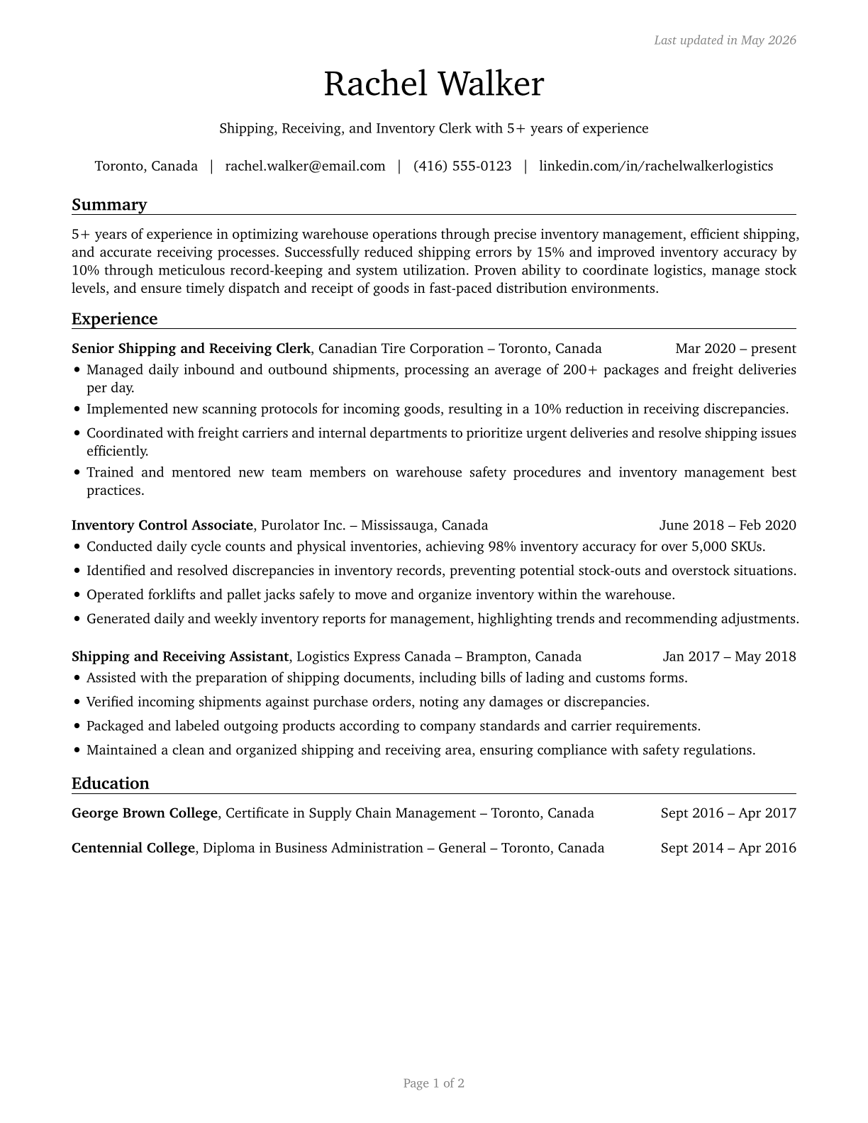 Shipping, Receiving, and Inventory Clerks CV in English — page 1