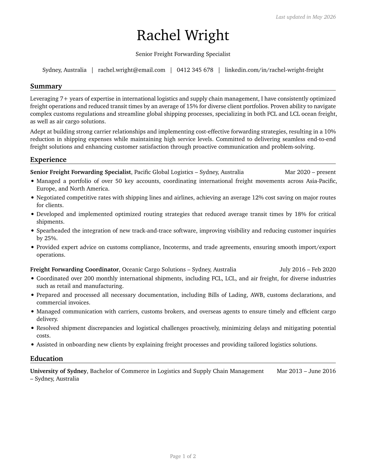 Freight Forwarders CV in English — page 1