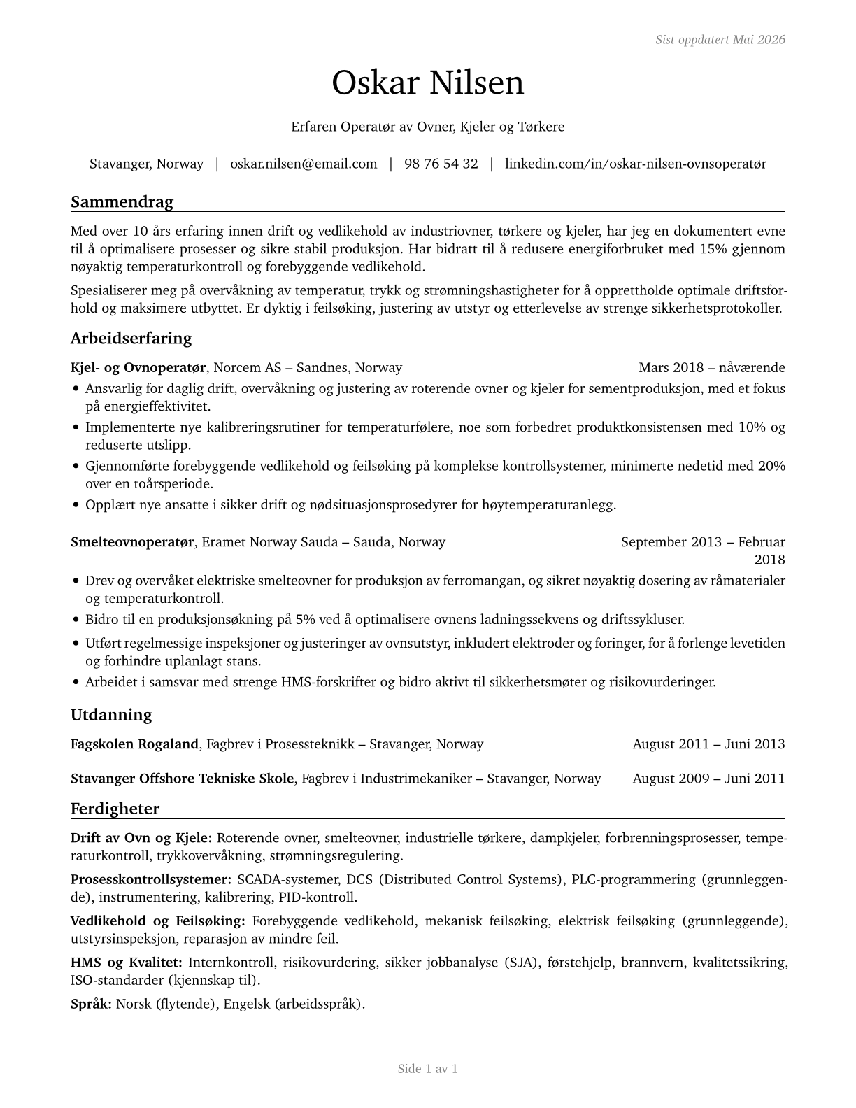 Furnace, Kiln, Oven, Drier, and Kettle Operators and Tenders CV in Norwegian_bokmal — page 1