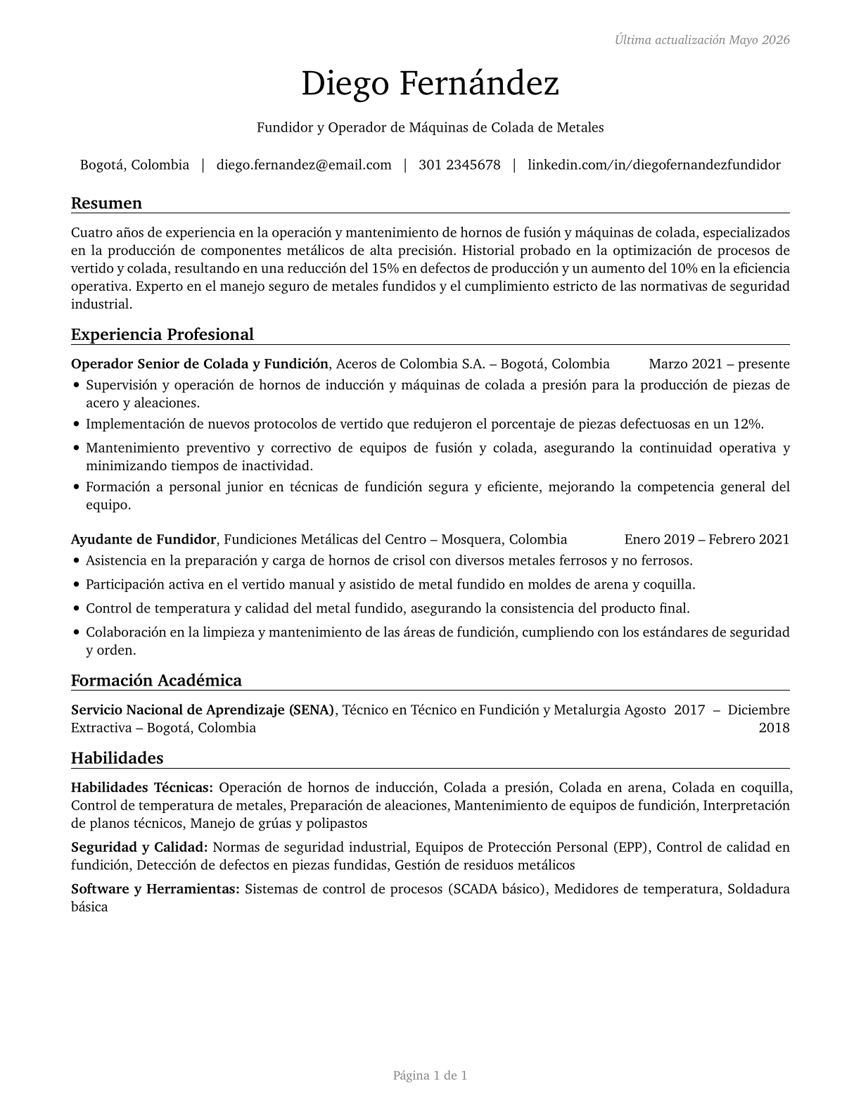 Pourers and Casters, Metal CV in Spanish — page 1
