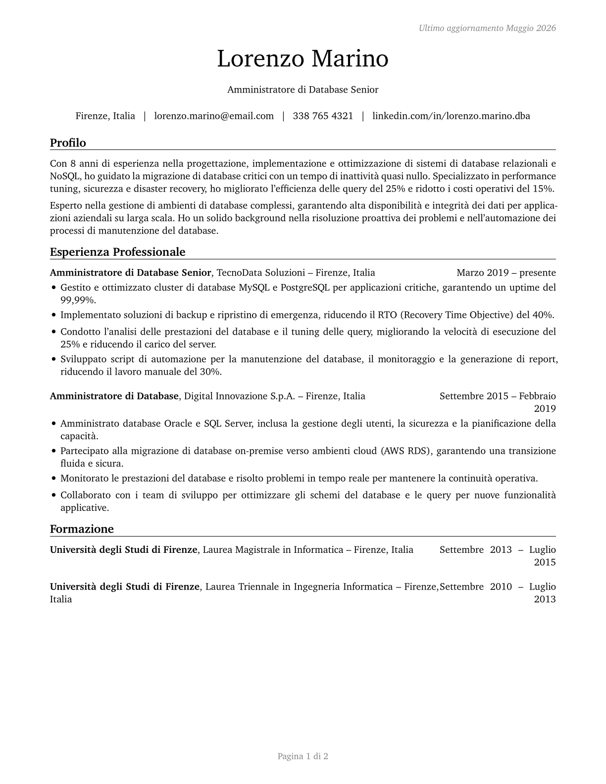 Database Administrators CV in Italian — page 1