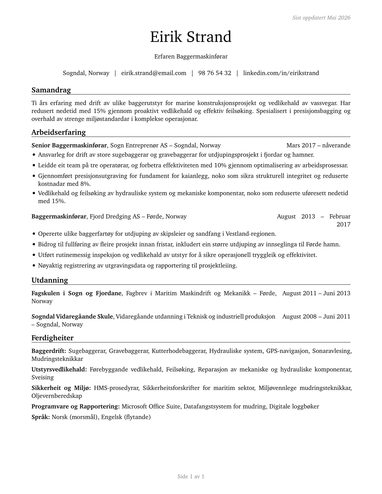 Dredge Operators CV in Norwegian_nynorsk — page 1