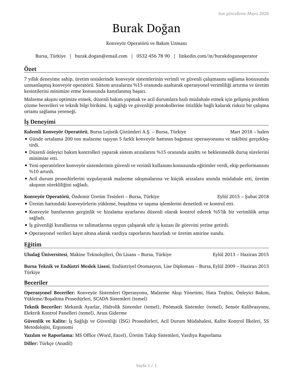 Conveyor Operators and Tenders CV in Turkish — page 1