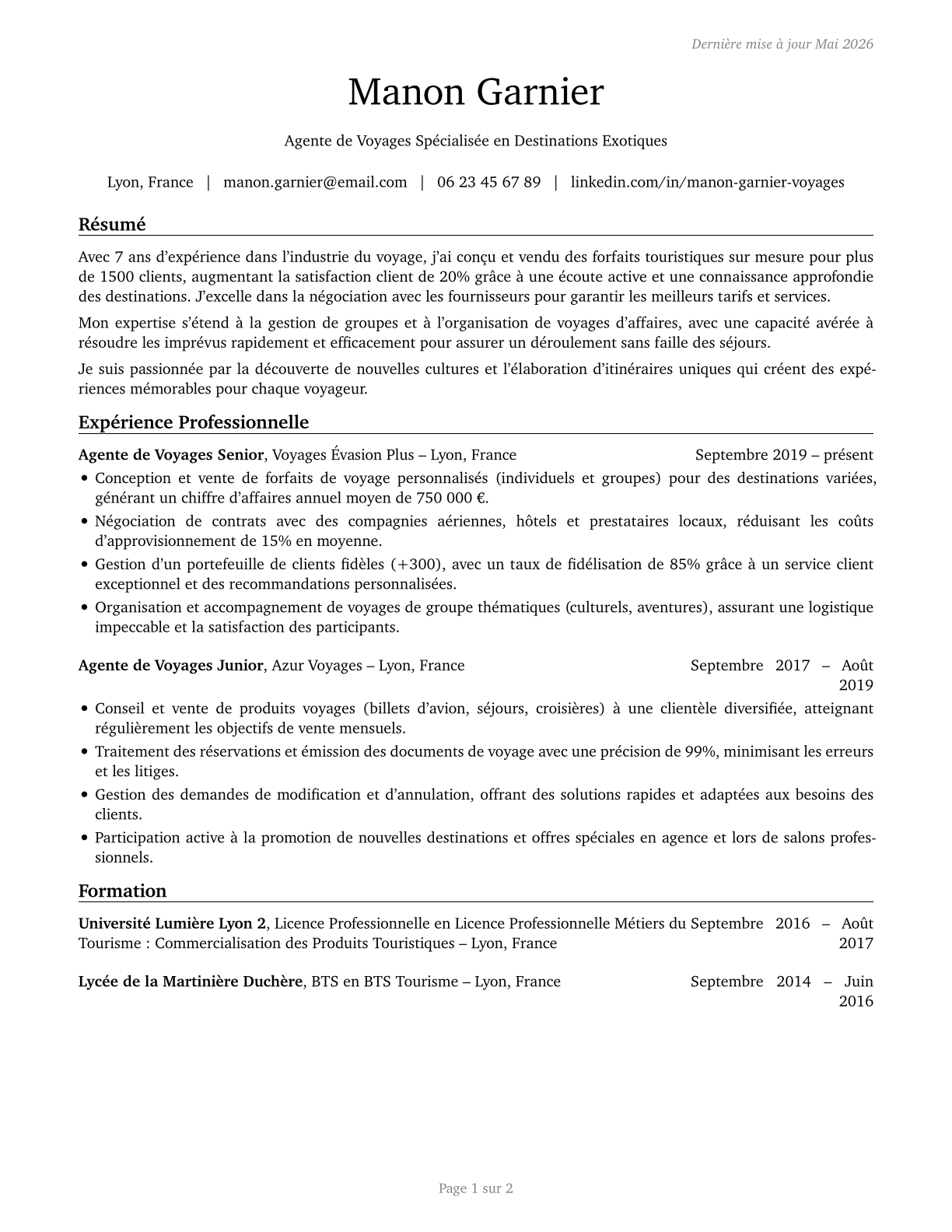 Travel Agents CV in French — page 1