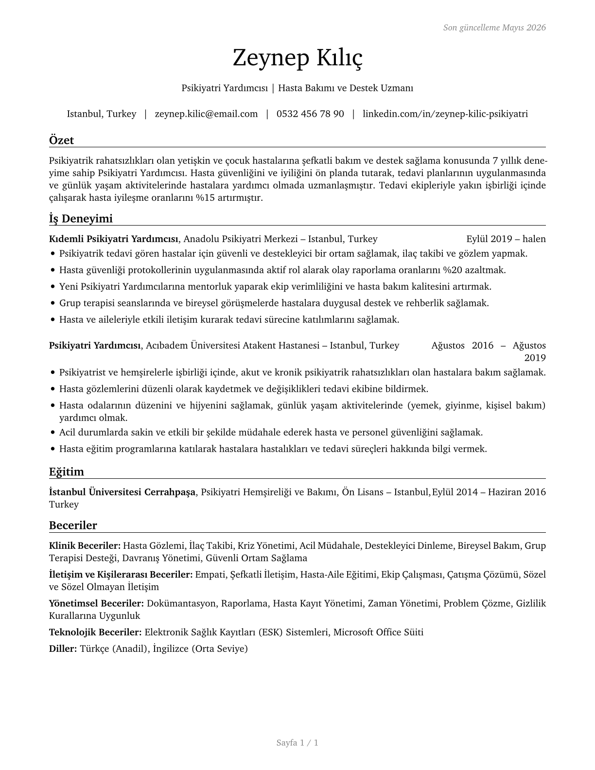 Psychiatric Aides CV in Turkish — page 1