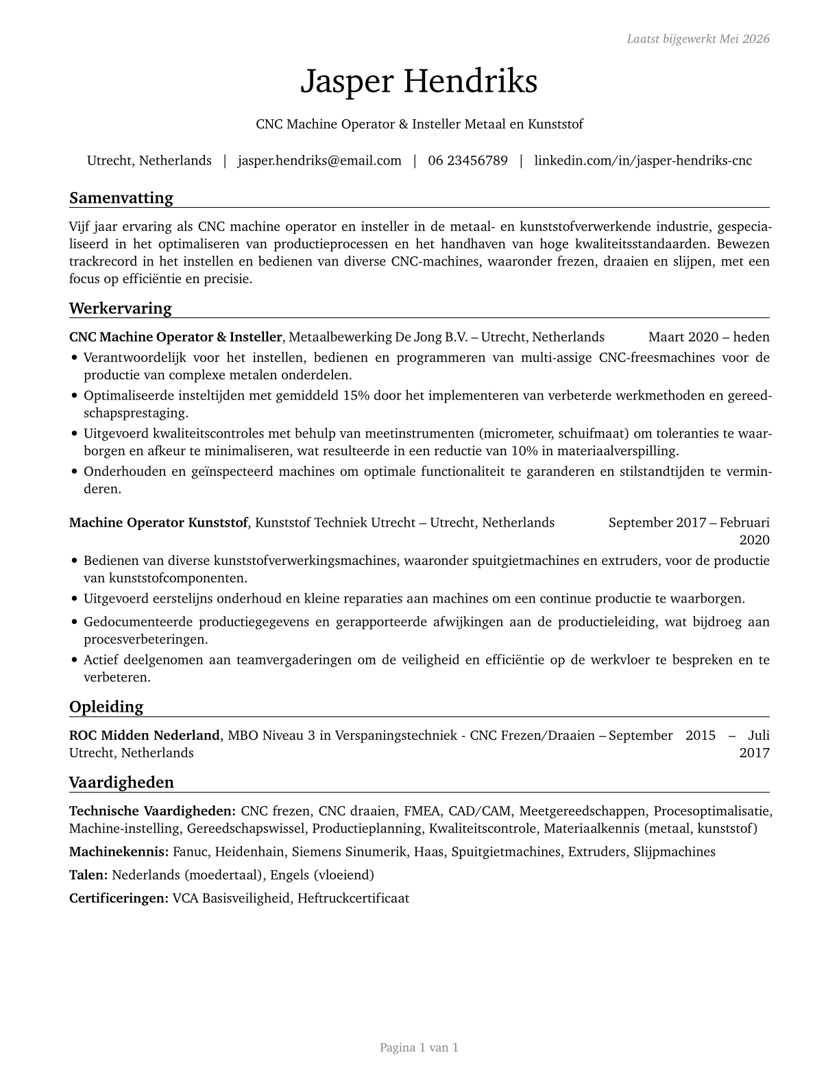 Multiple Machine Tool Setters, Operators, and Tenders, Metal and Plastic CV in Dutch — page 1