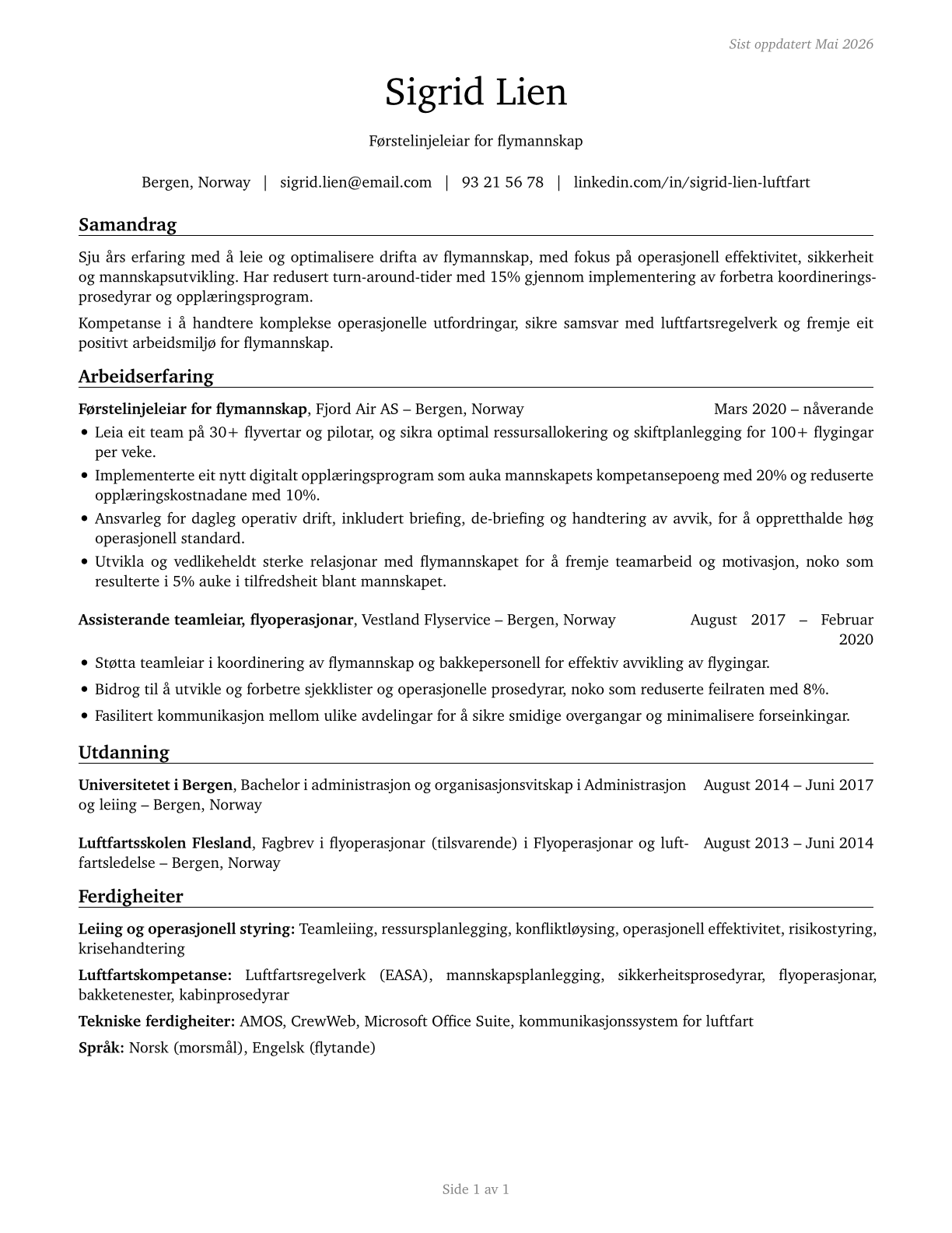 First-Line Supervisors of Air Crew Members CV in Norwegian_nynorsk — page 1