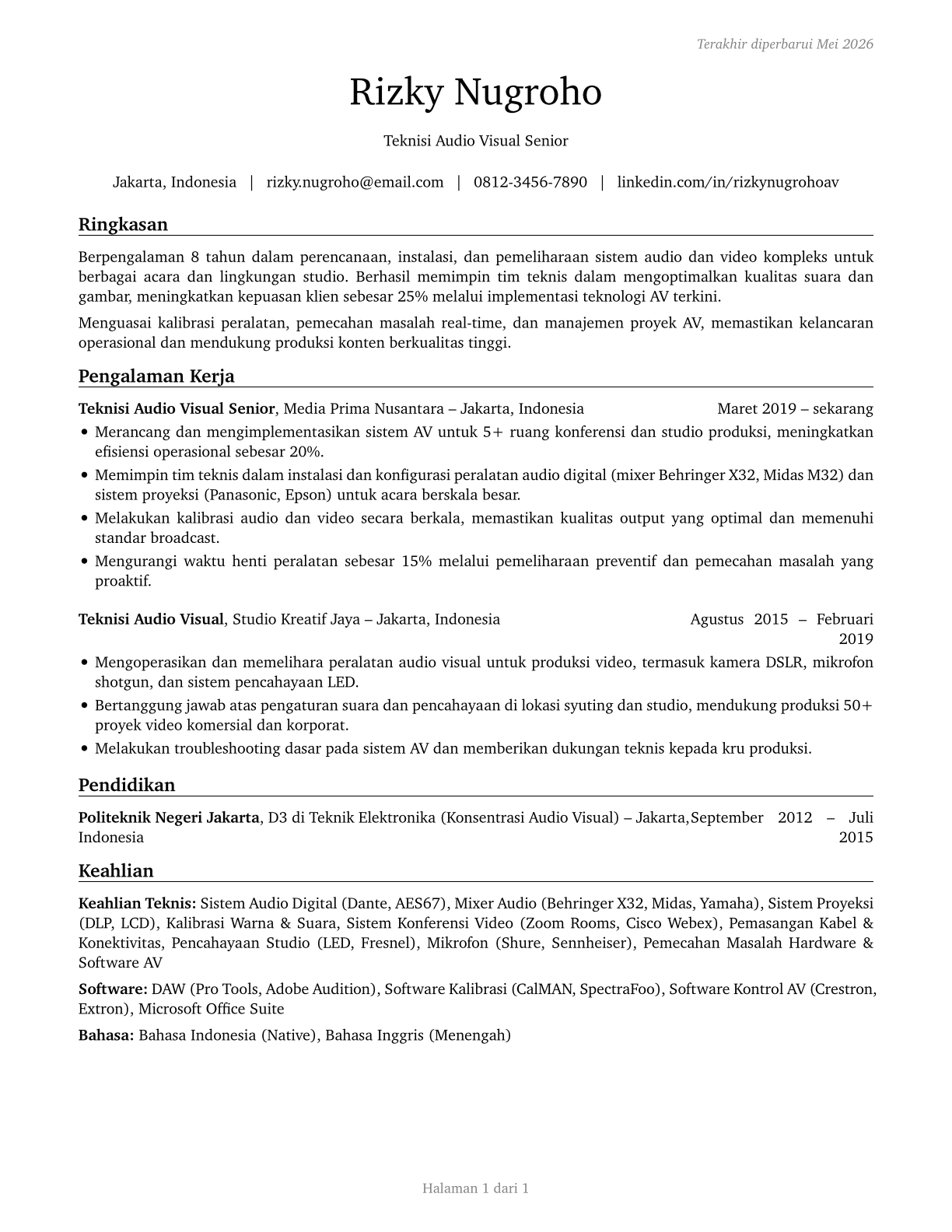 Audio and Video Technicians CV in Indonesian — page 1