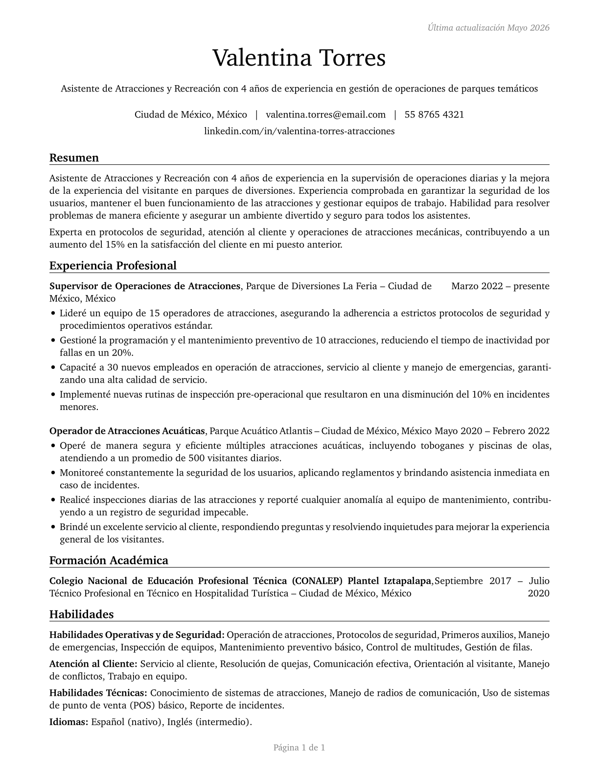 Amusement and Recreation Attendants CV in Spanish — page 1