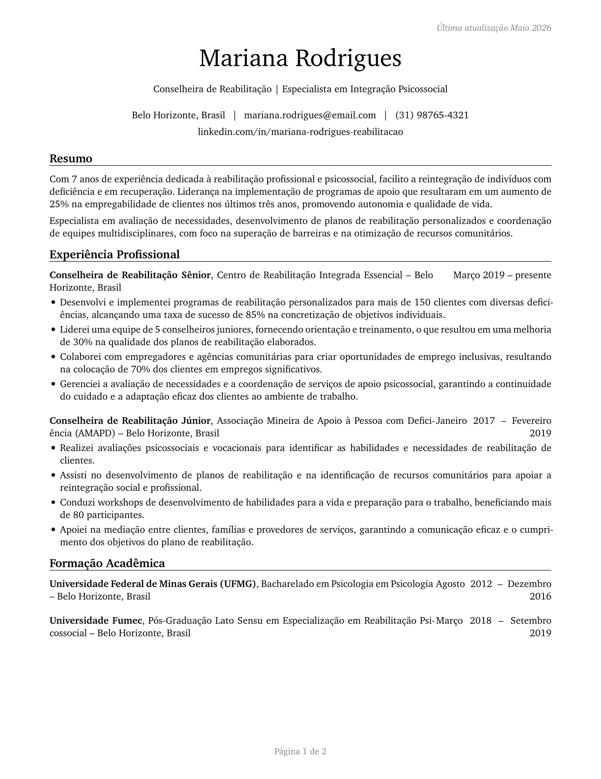Rehabilitation Counselors CV in Portuguese — page 1