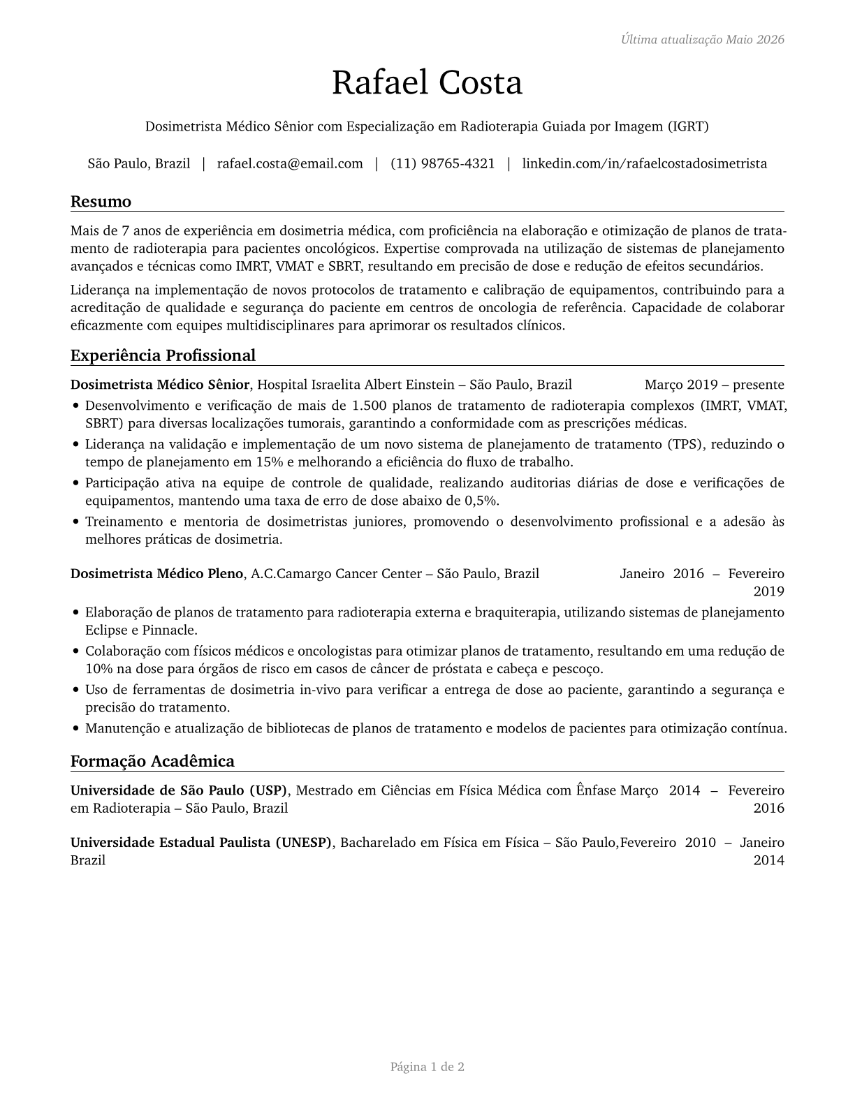 Medical Dosimetrists CV in Portuguese — page 1