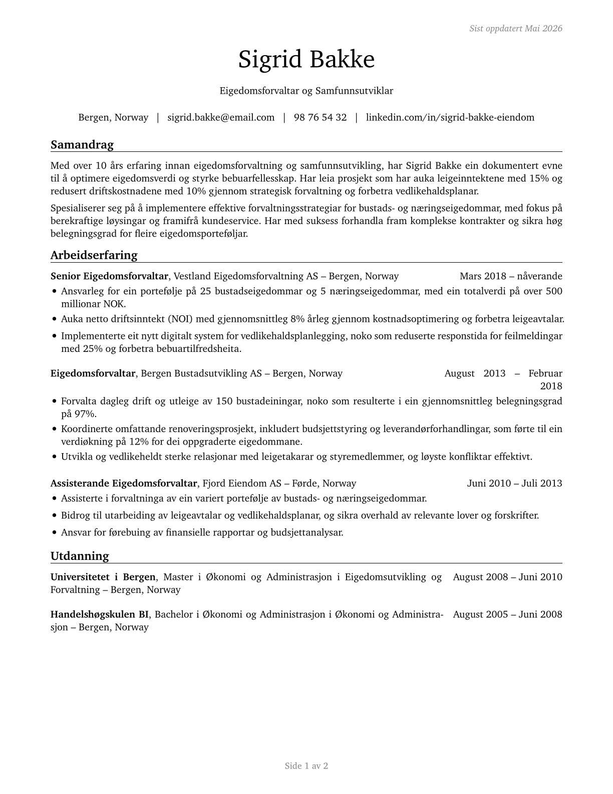 Property, Real Estate, and Community Association Managers CV in Norwegian_nynorsk — page 1