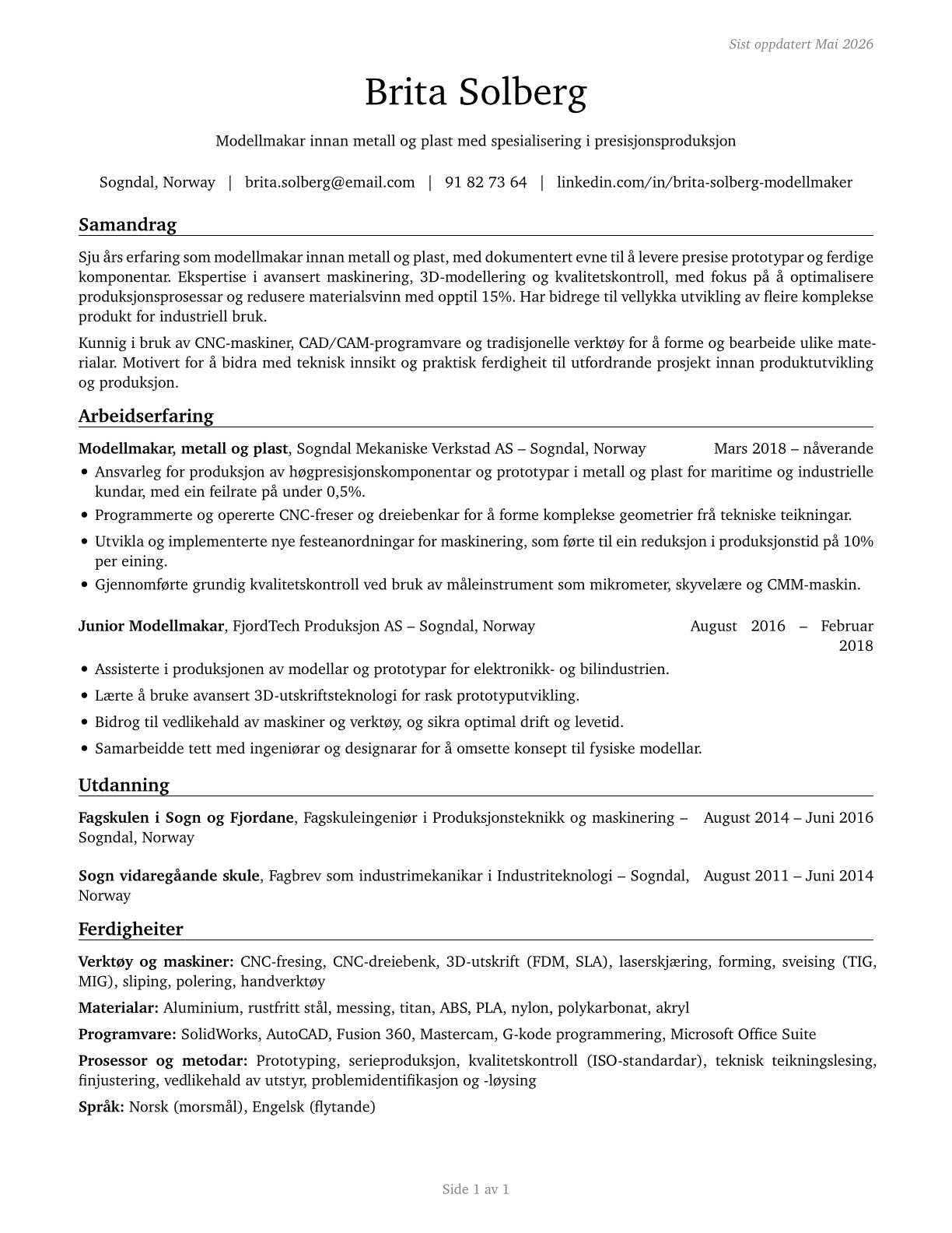 Model Makers, Metal and Plastic CV in Norwegian_nynorsk — page 1