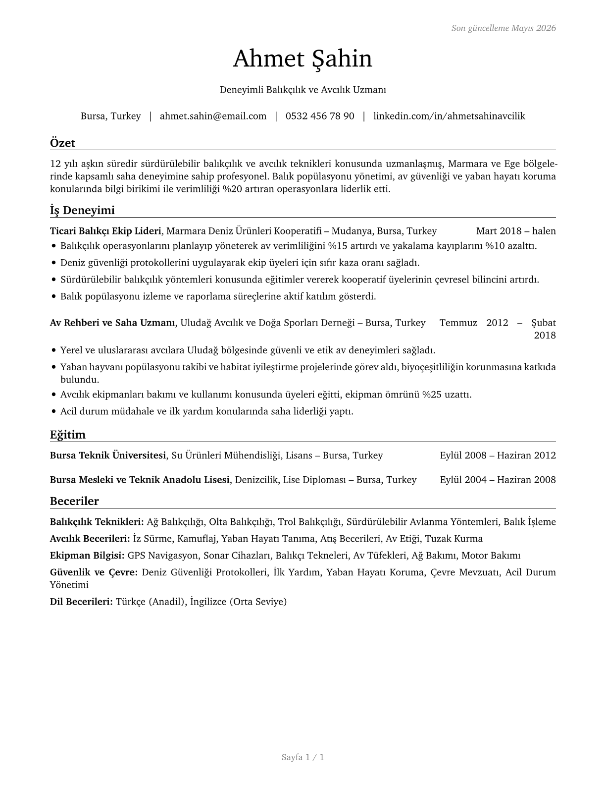 Fishing and Hunting Workers CV in Turkish — page 1