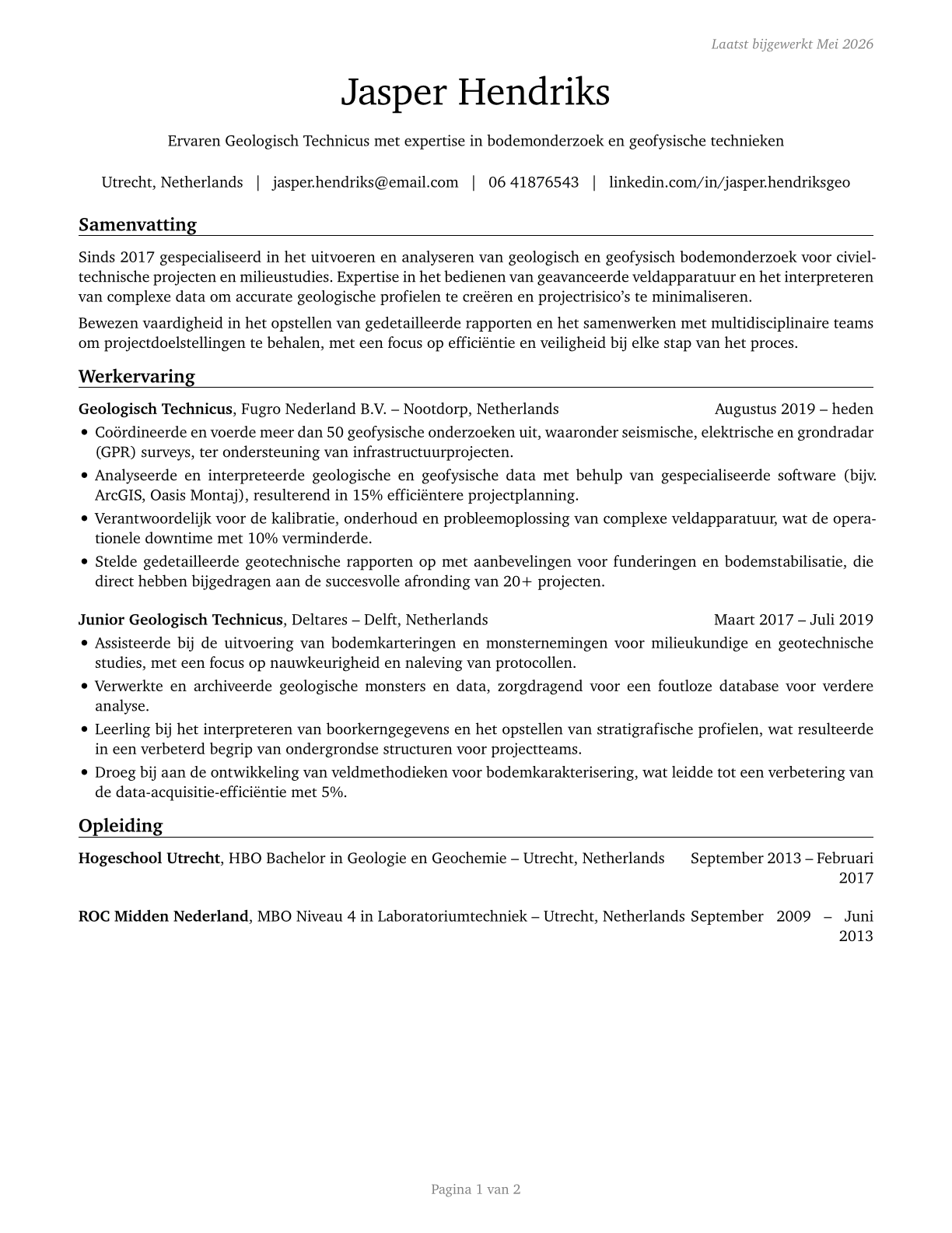 Geological Technicians, Except Hydrologic Technicians CV in Dutch — page 1