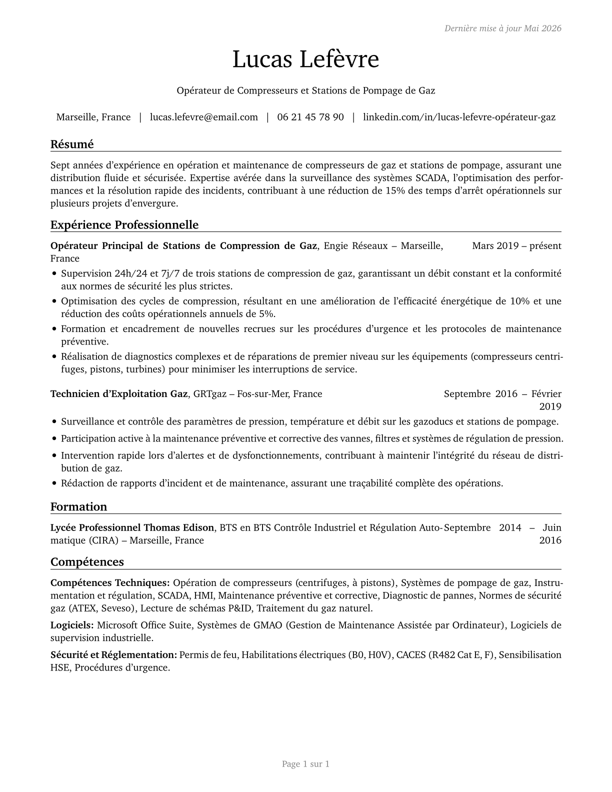 Gas Compressor and Gas Pumping Station Operators CV in French — page 1
