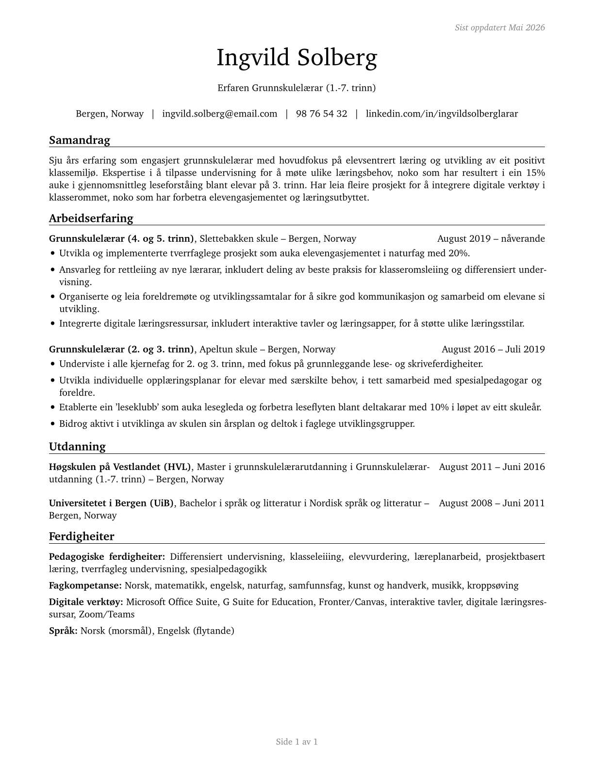 Elementary School Teachers, Except Special Education CV in Norwegian_nynorsk — page 1