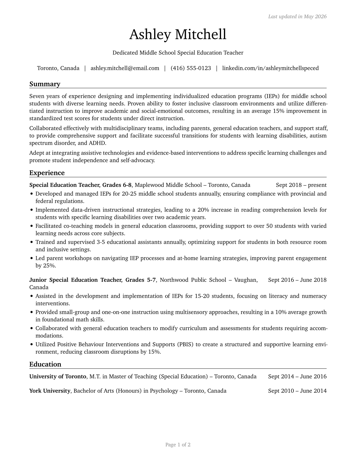 Special Education Teachers, Middle School CV in English — page 1
