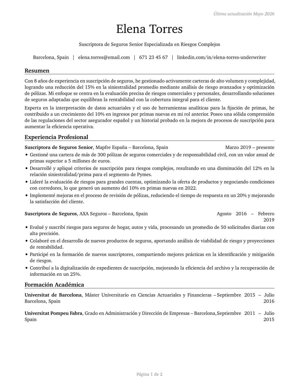 Insurance Underwriters CV in Spanish — page 1