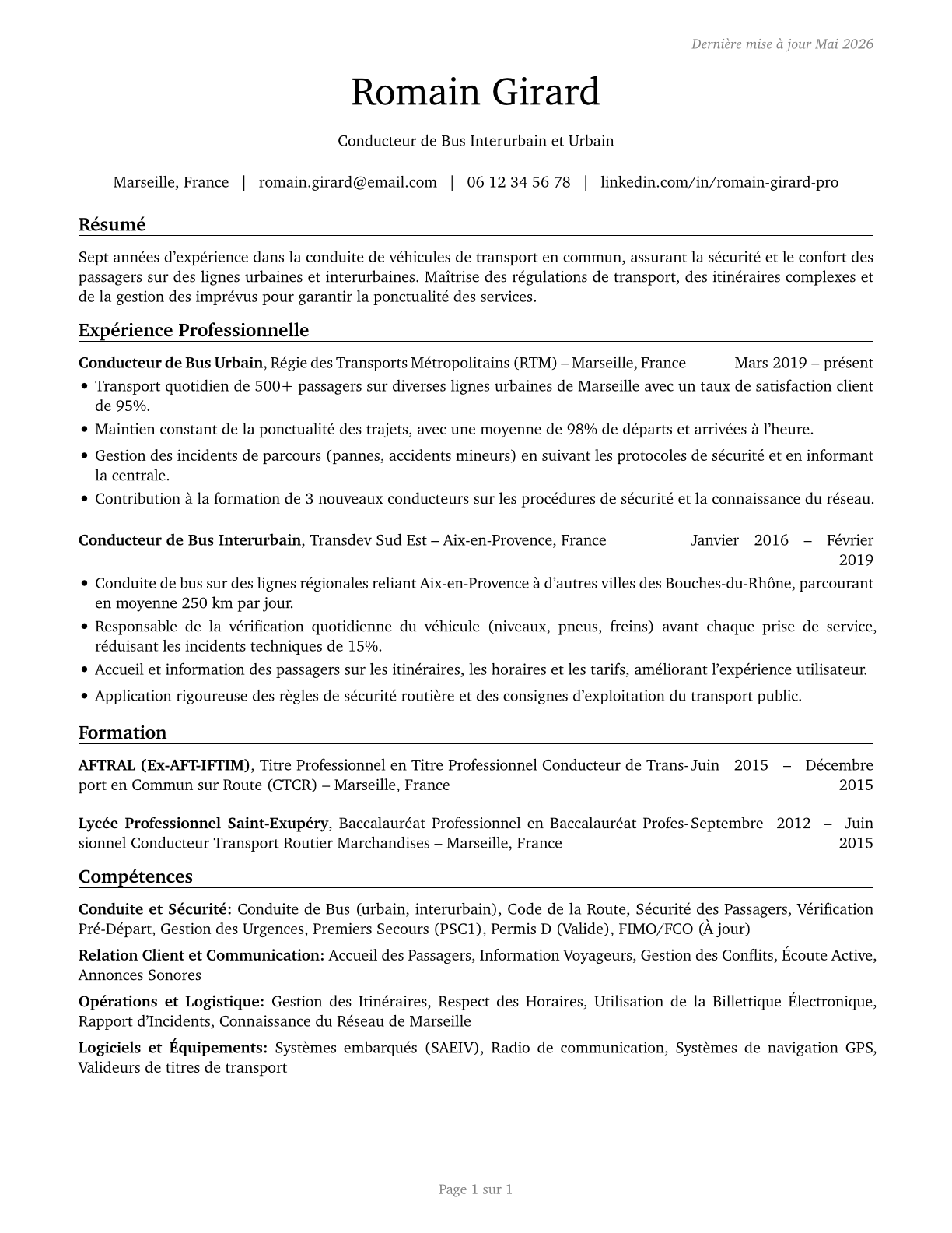 Bus Drivers, Transit and Intercity CV in French — page 1