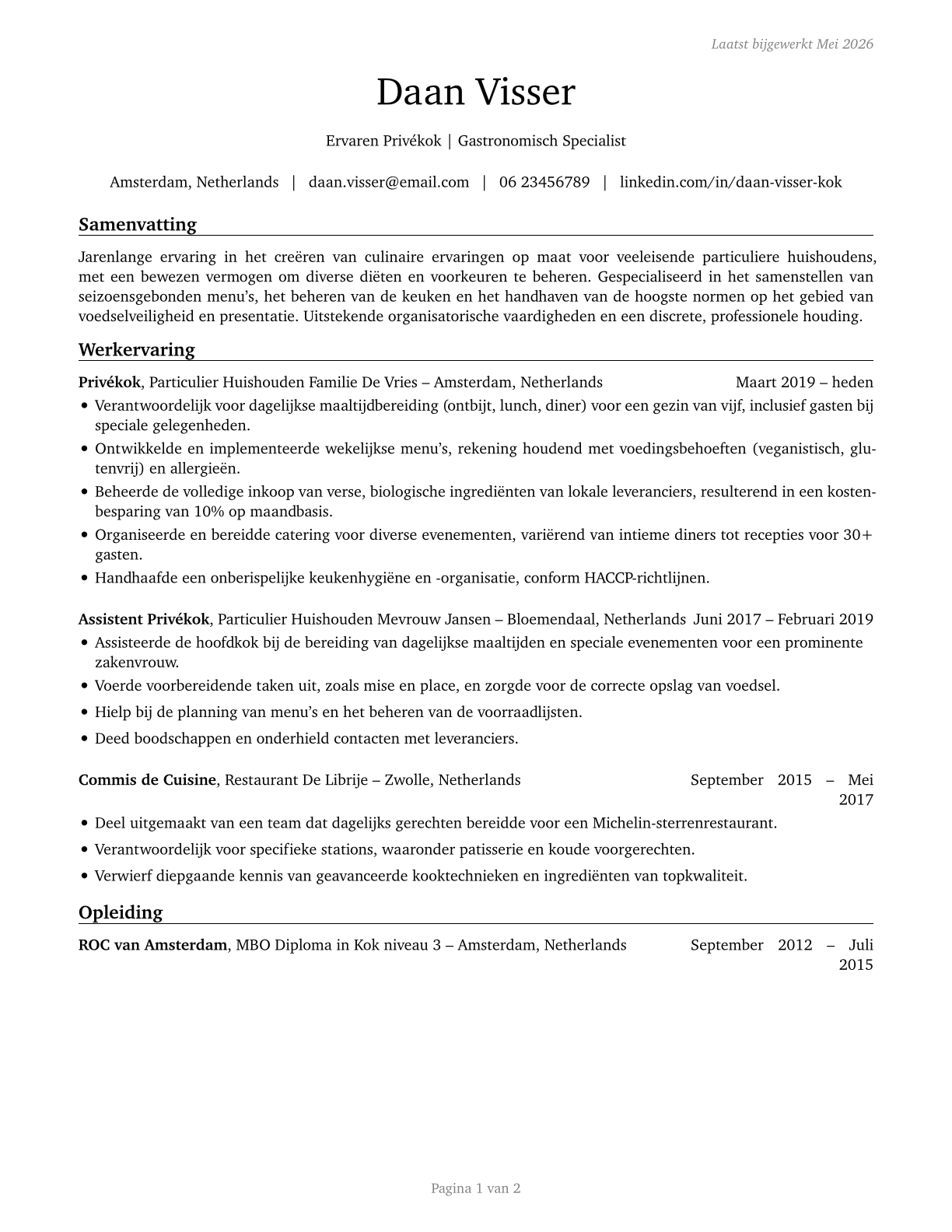 Cooks, Private Household CV in Dutch — page 1