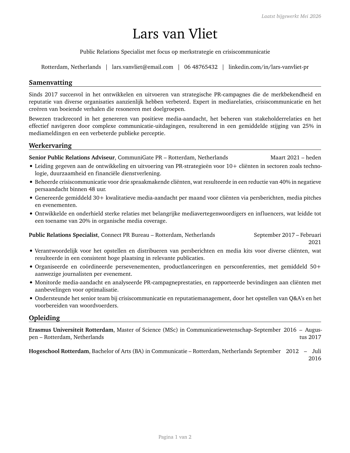 Public Relations Specialists CV in Dutch — page 1