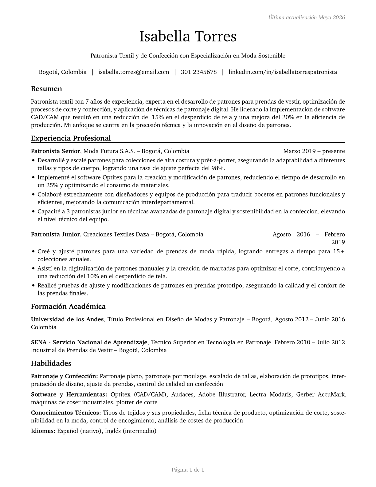 Fabric and Apparel Patternmakers CV in Spanish — page 1