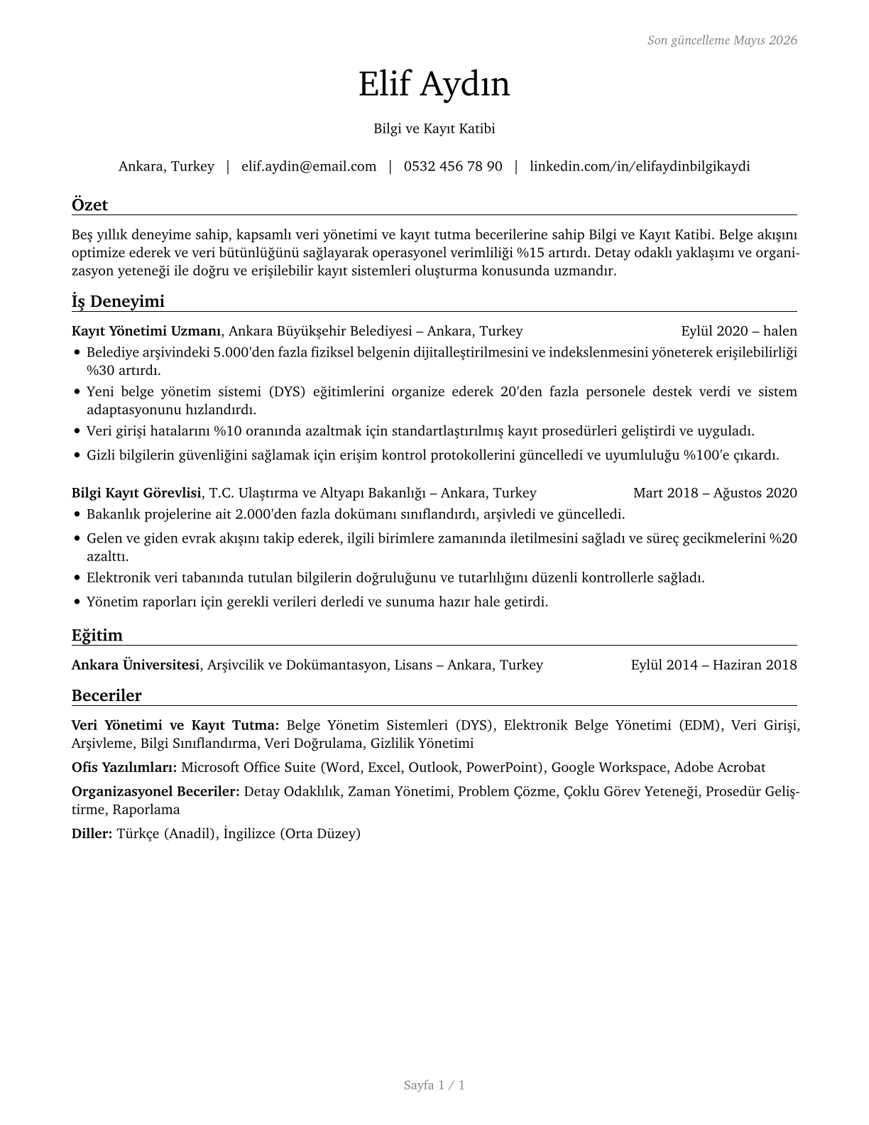 Information and Record Clerks, All Other CV in Turkish — page 1