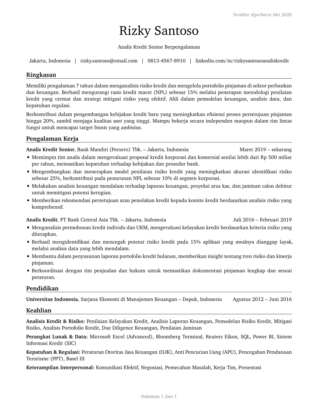 Credit Analysts CV in Indonesian — page 1