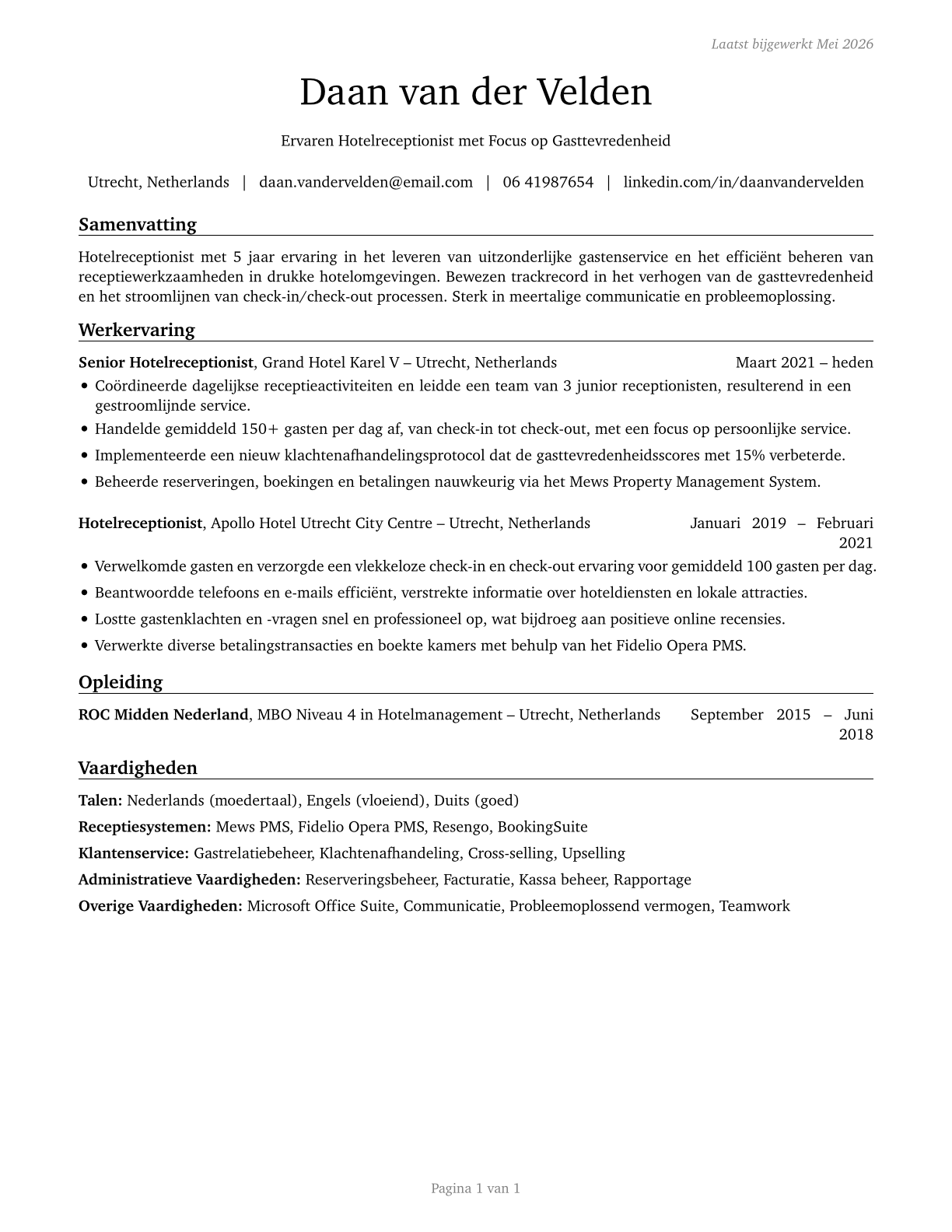 Hotel, Motel, and Resort Desk Clerks CV in Dutch — page 1