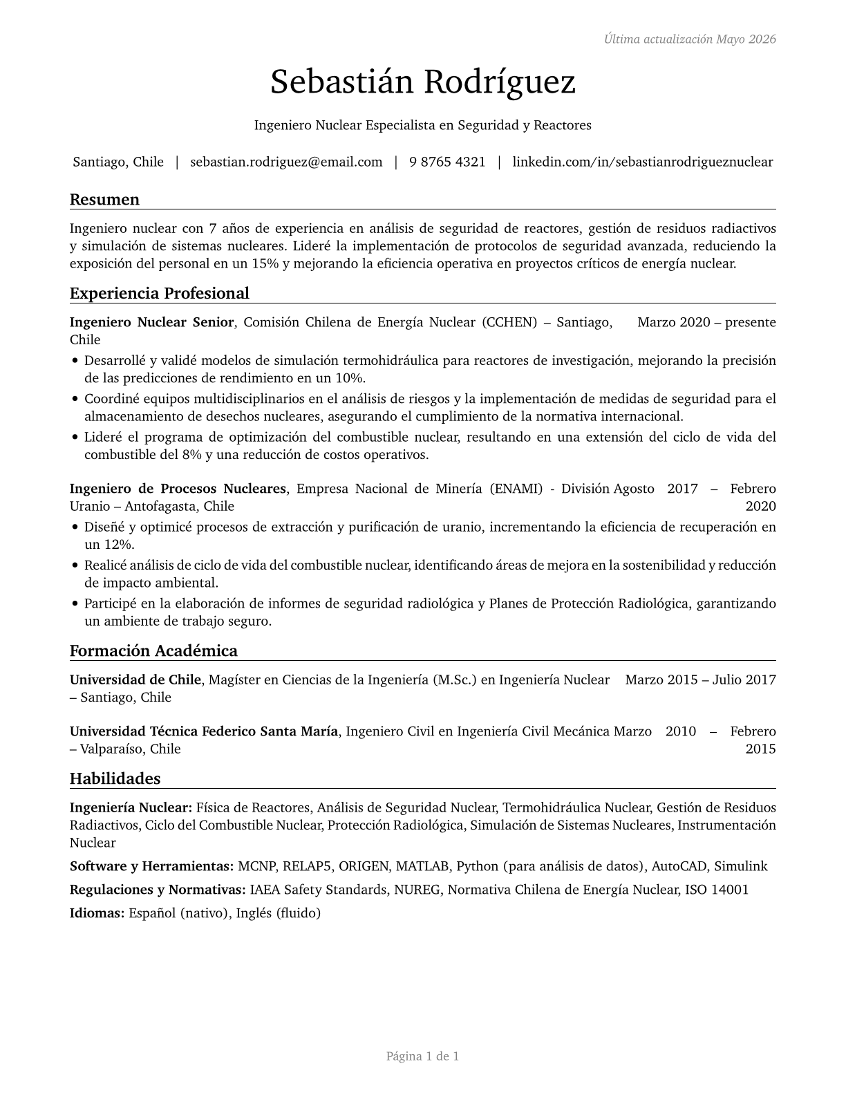 Nuclear Engineers CV in Spanish — page 1