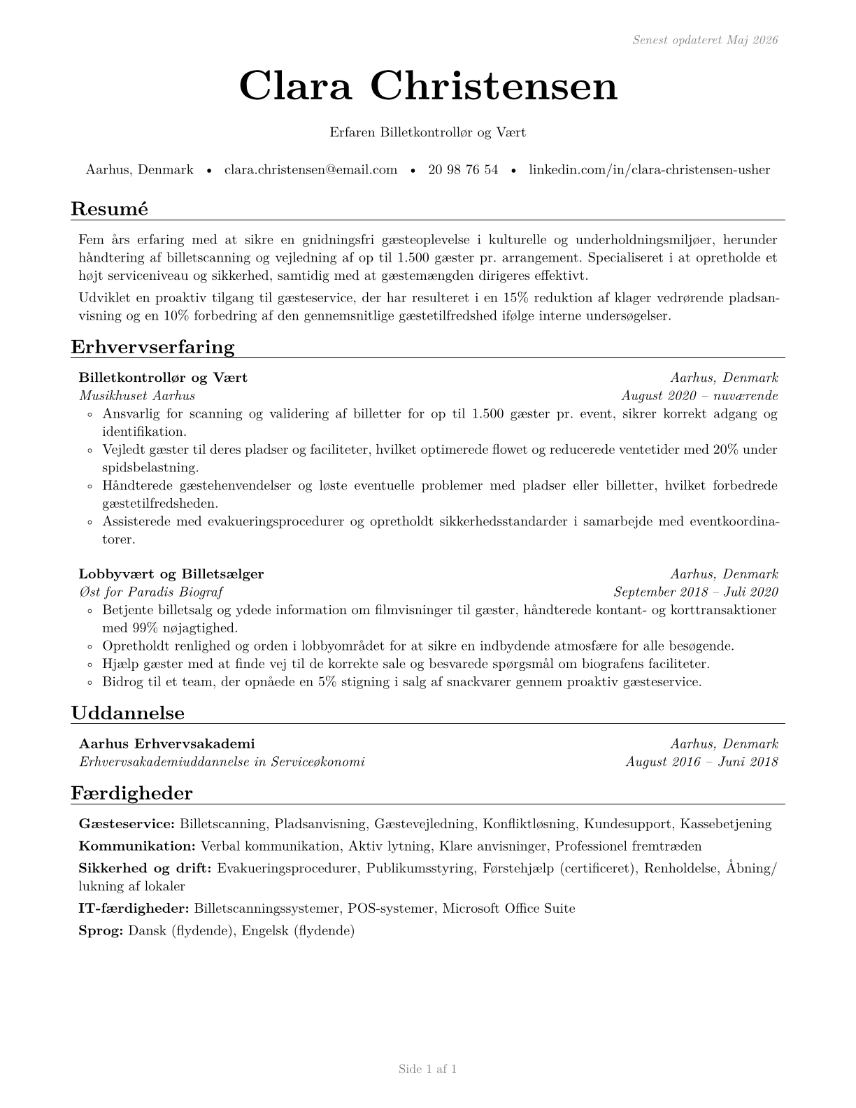 Ushers, Lobby Attendants, and Ticket Takers CV in Danish — page 1