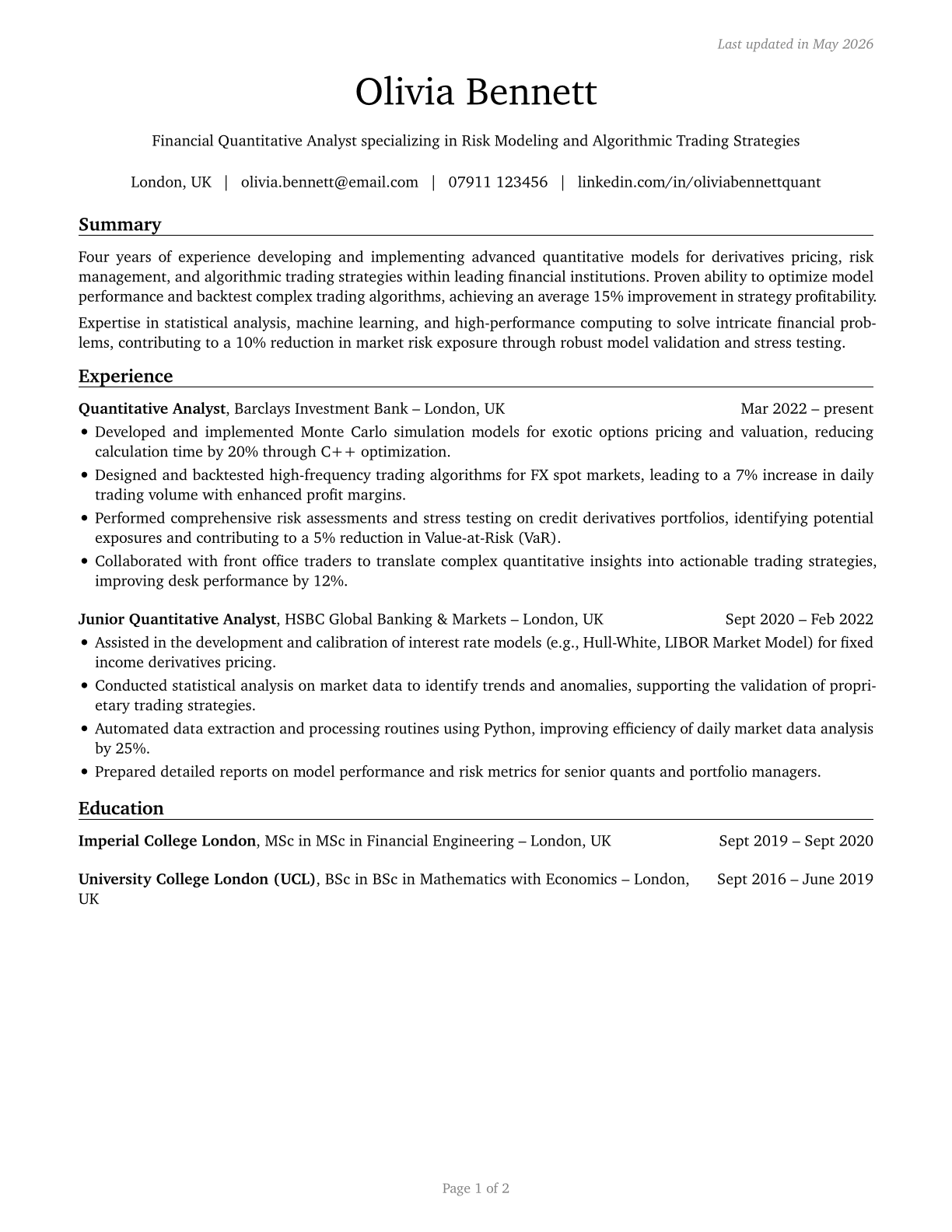 Financial Quantitative Analysts CV in English — page 1