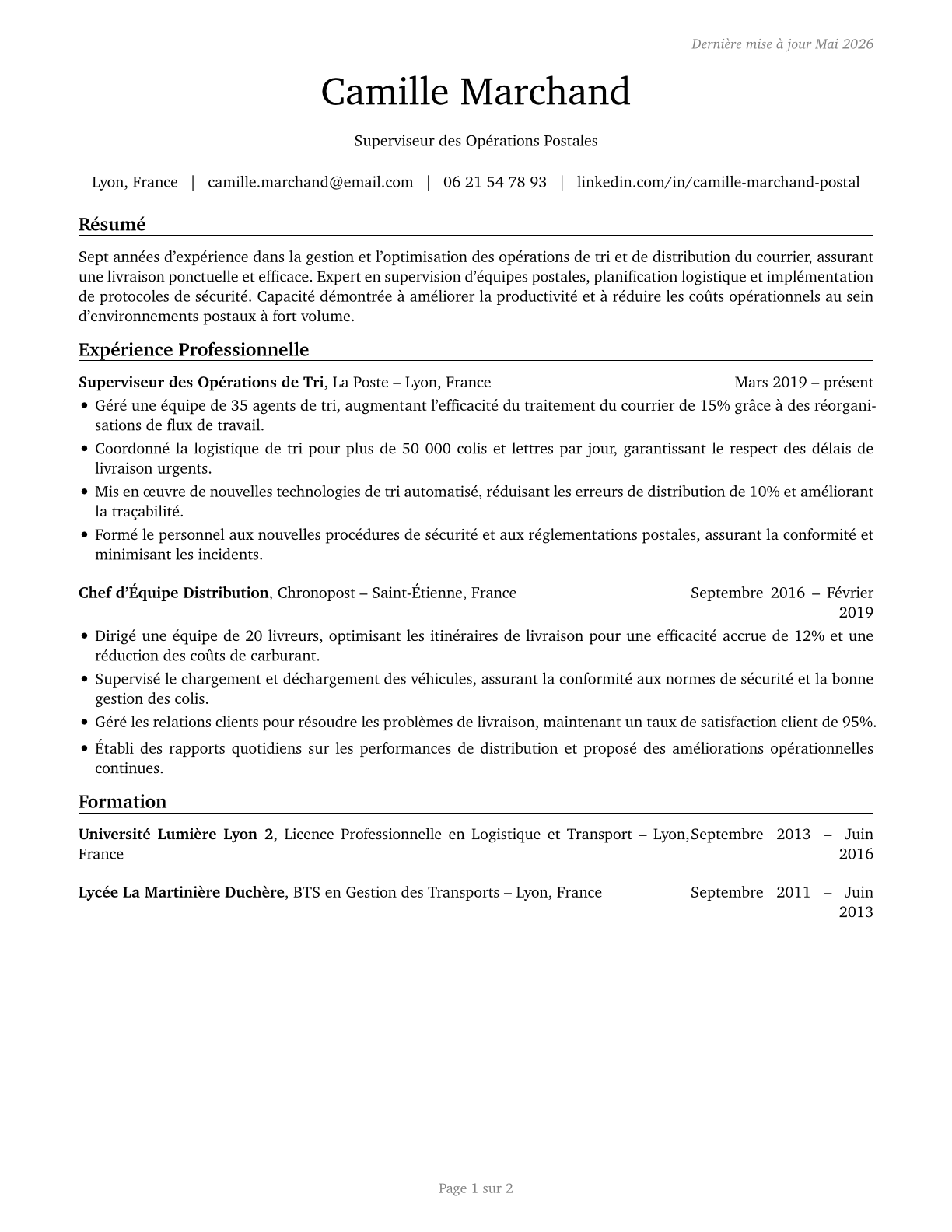 Postmasters and Mail Superintendents CV in French — page 1