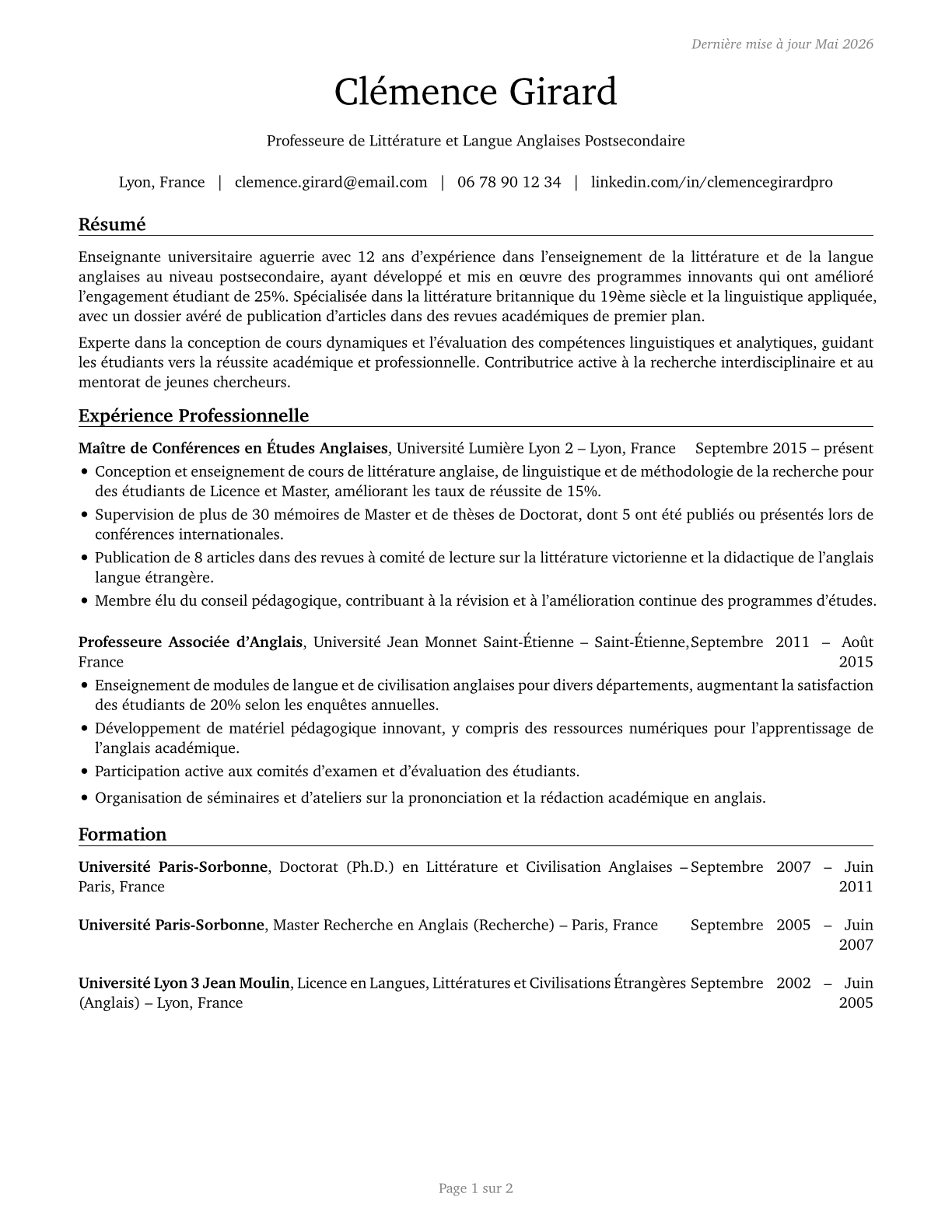 English Language and Literature Teachers, Postsecondary CV in French — page 1