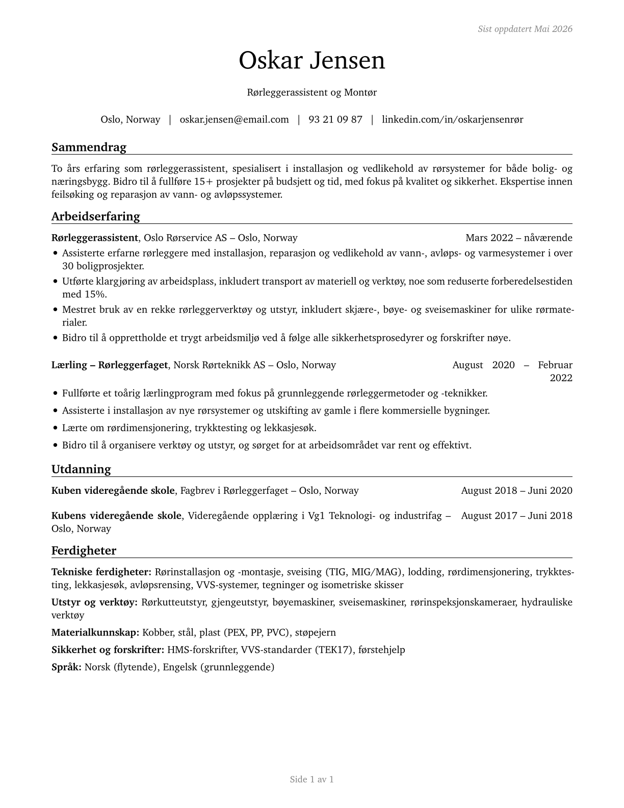 Helpers--Pipelayers, Plumbers, Pipefitters, and Steamfitters CV in Norwegian_bokmal — page 1