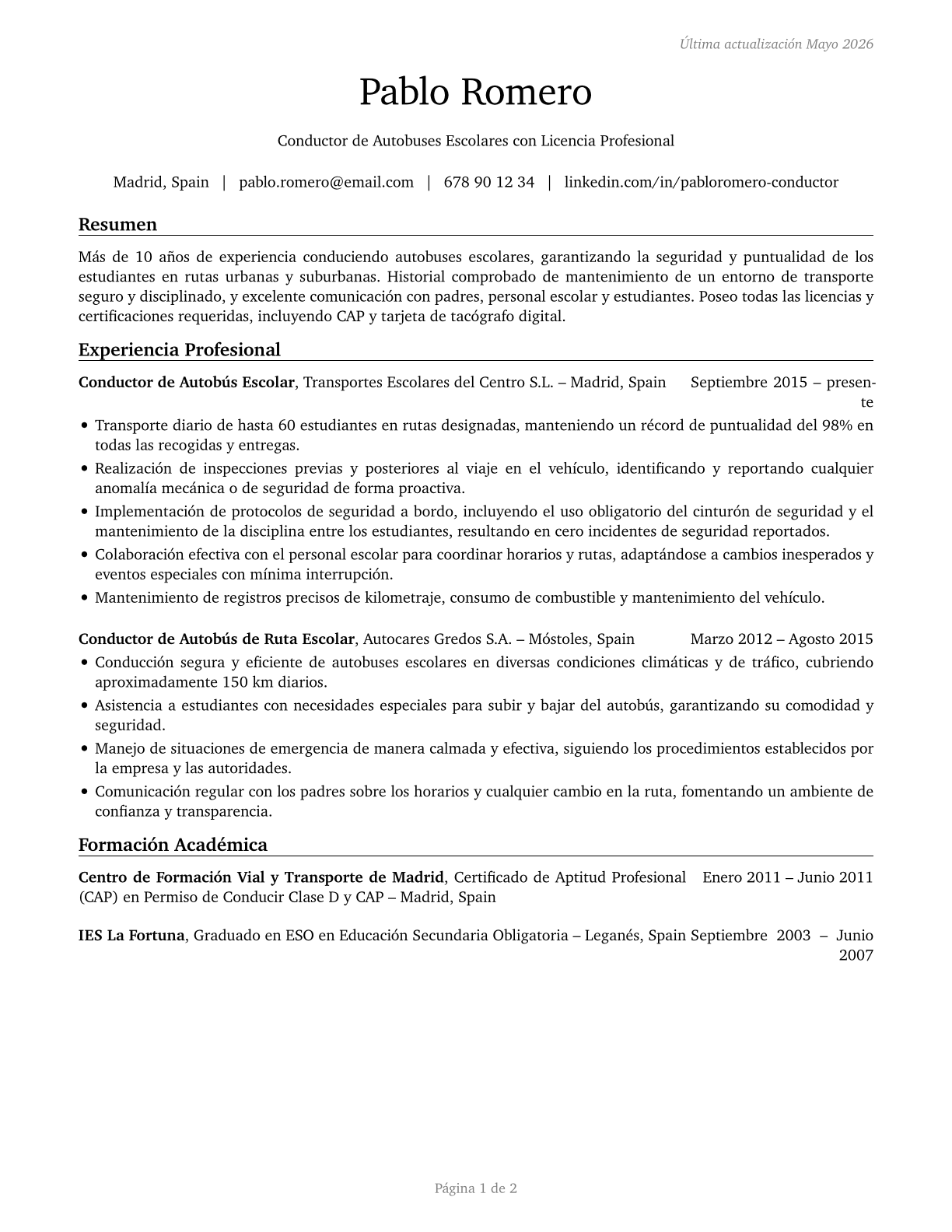 Bus Drivers, School CV in Spanish — page 1