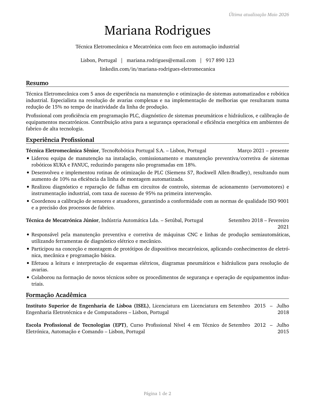 Electro-Mechanical and Mechatronics Technologists and Technicians CV in Portuguese — page 1